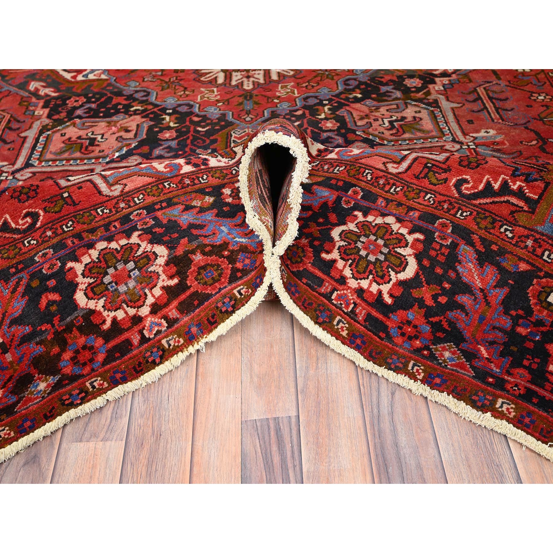 7'5"x10'10" Prismatic Red, Pure Wool, Hand Knotted, Semi Antique Bohemian Persian Heriz, Good Condition, Rustic Look, Sides and Ends Professionally Secured, Cleaned, Oriental Rug Sh85395