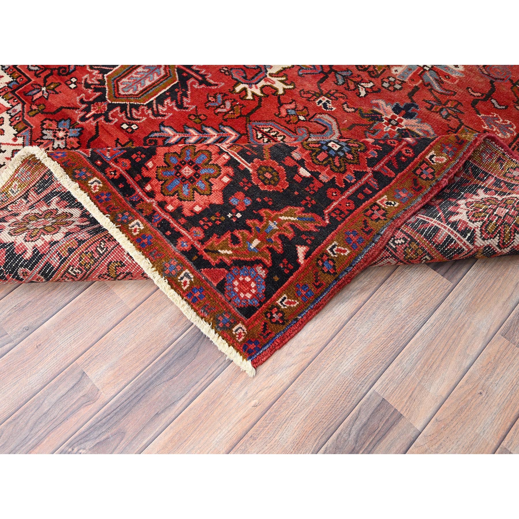 7'5"x10'10" Prismatic Red, Pure Wool, Hand Knotted, Semi Antique Bohemian Persian Heriz, Good Condition, Rustic Look, Sides and Ends Professionally Secured, Cleaned, Oriental Rug Sh85395