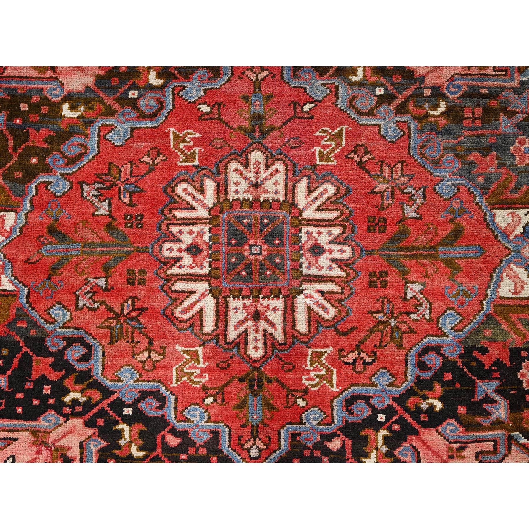 7'5"x10'10" Prismatic Red, Pure Wool, Hand Knotted, Semi Antique Bohemian Persian Heriz, Good Condition, Rustic Look, Sides and Ends Professionally Secured, Cleaned, Oriental Rug Sh85395
