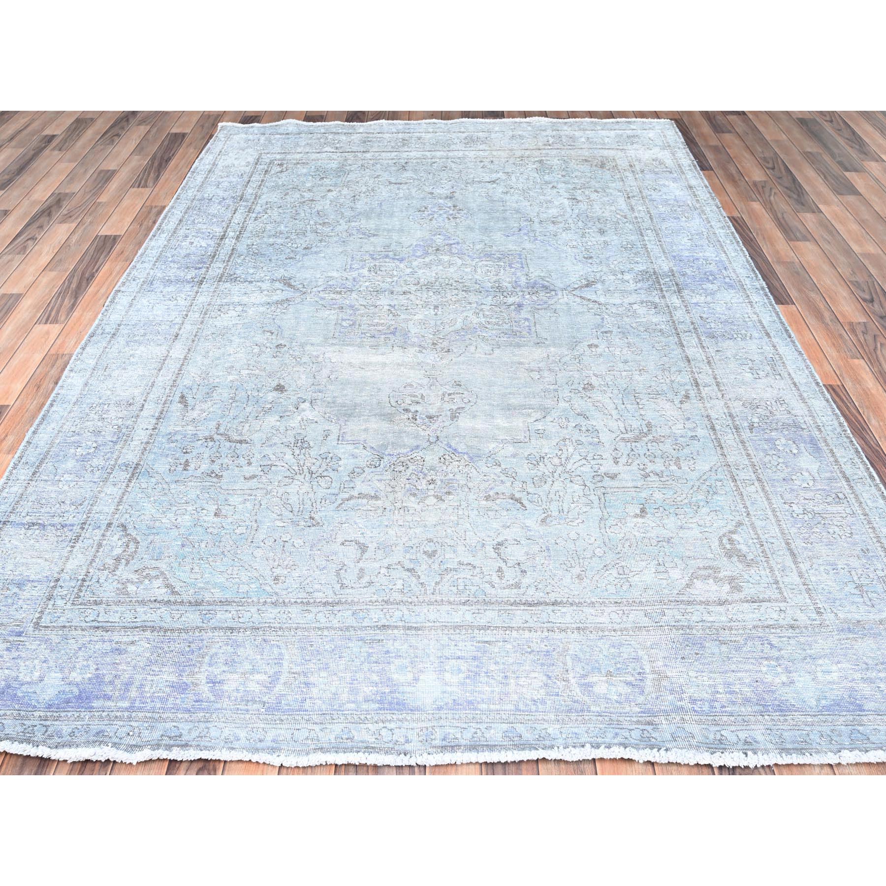 6'9"x9'10" Blue Gray, Hand Knotted, Vintage Persian Tabriz, Distressed Look, Cropped Thin, Pure Wool, Oriental Rug Sh85397