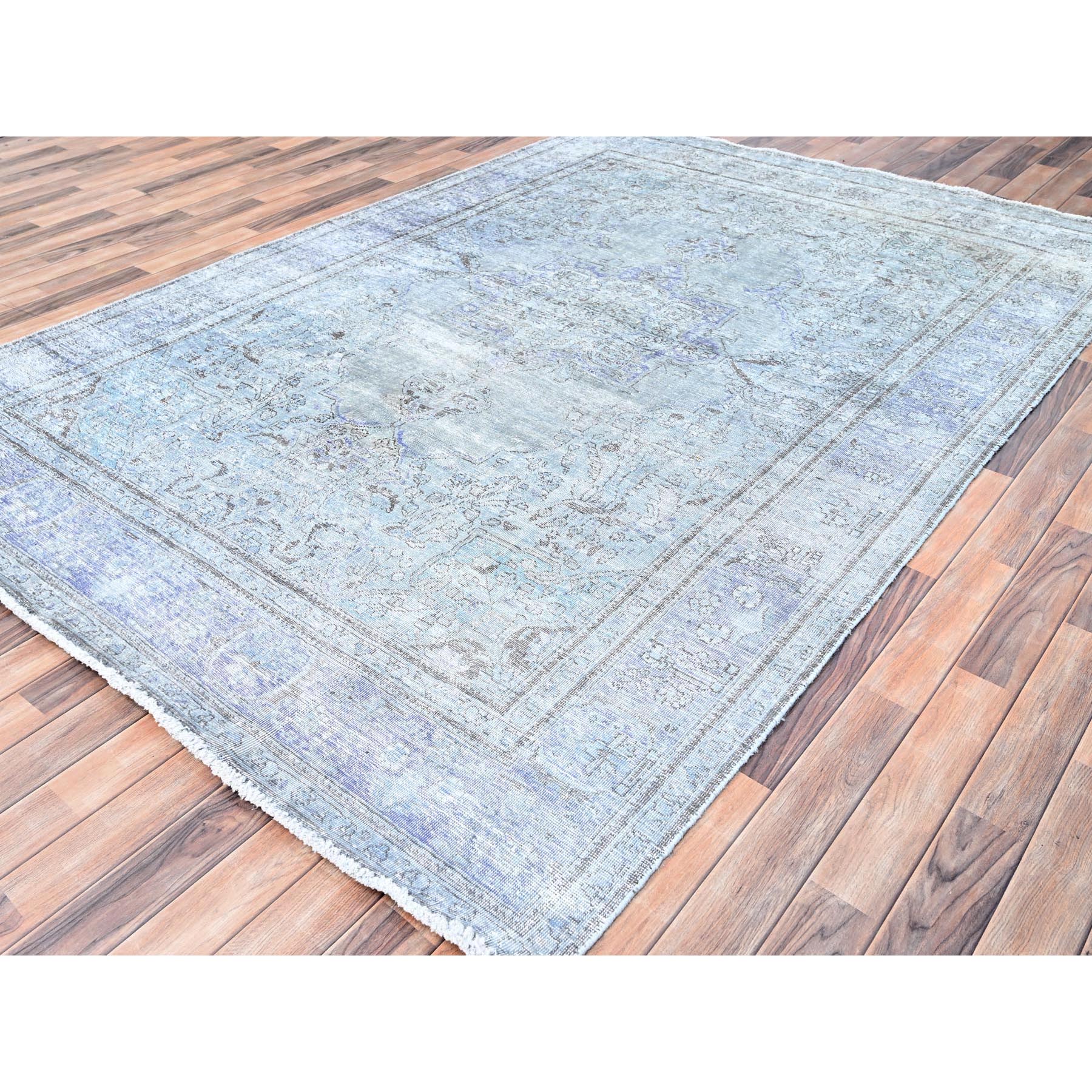 6'9"x9'10" Blue Gray, Hand Knotted, Vintage Persian Tabriz, Distressed Look, Cropped Thin, Pure Wool, Oriental Rug Sh85397