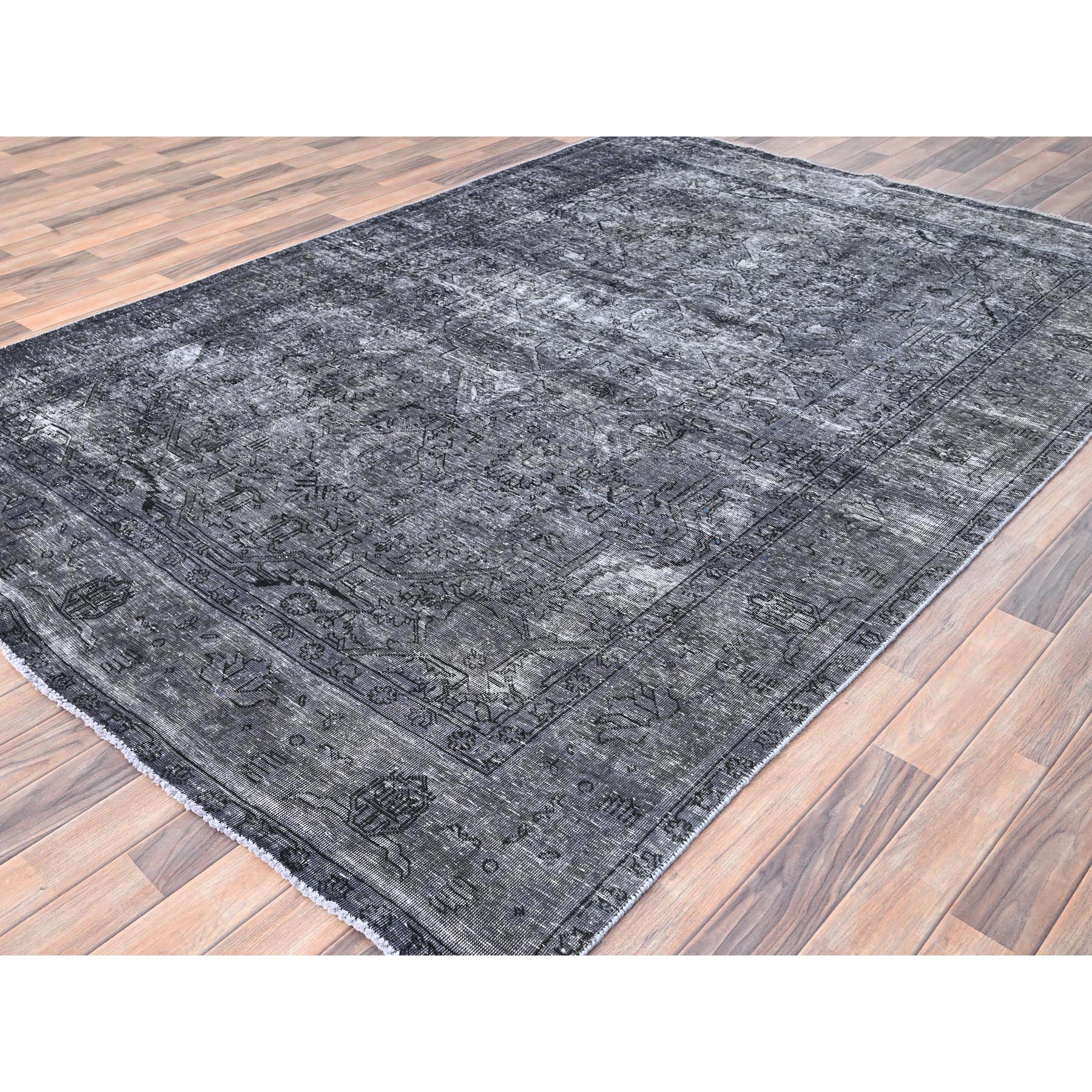 6'6"x9'6" Slate Gray, Sheared Low, Overdyed, Worn Wool, Hand Knotted, Vintage Persian Tabriz, Distressed Look, Oriental Rug Sh85399