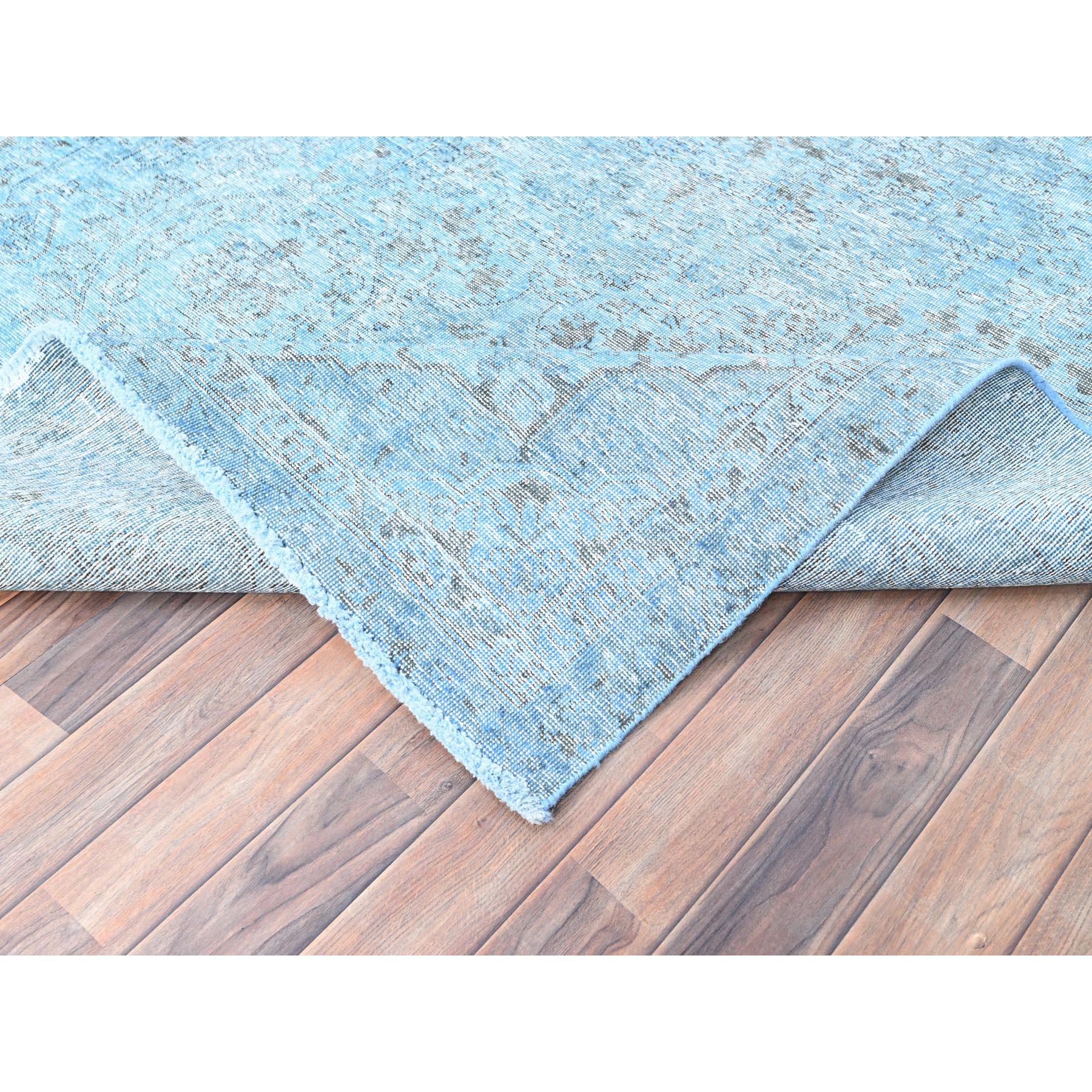 5'7"x9'2" Baby Blue, Vintage Persian Tabriz, Distressed, Cropped Thin, Overdyed, Worn Wool, Hand Knotted, Oriental Rug Sh85400