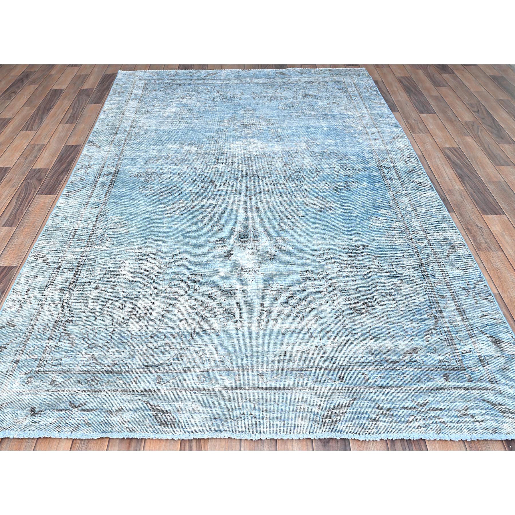 5'5"x8'10" Powder Blue, Vintage Persian Tabriz, Distressed Look, Sheared Low, Overdyed, Worn Wool, Hand Knotted, Oriental Rug Sh85405
