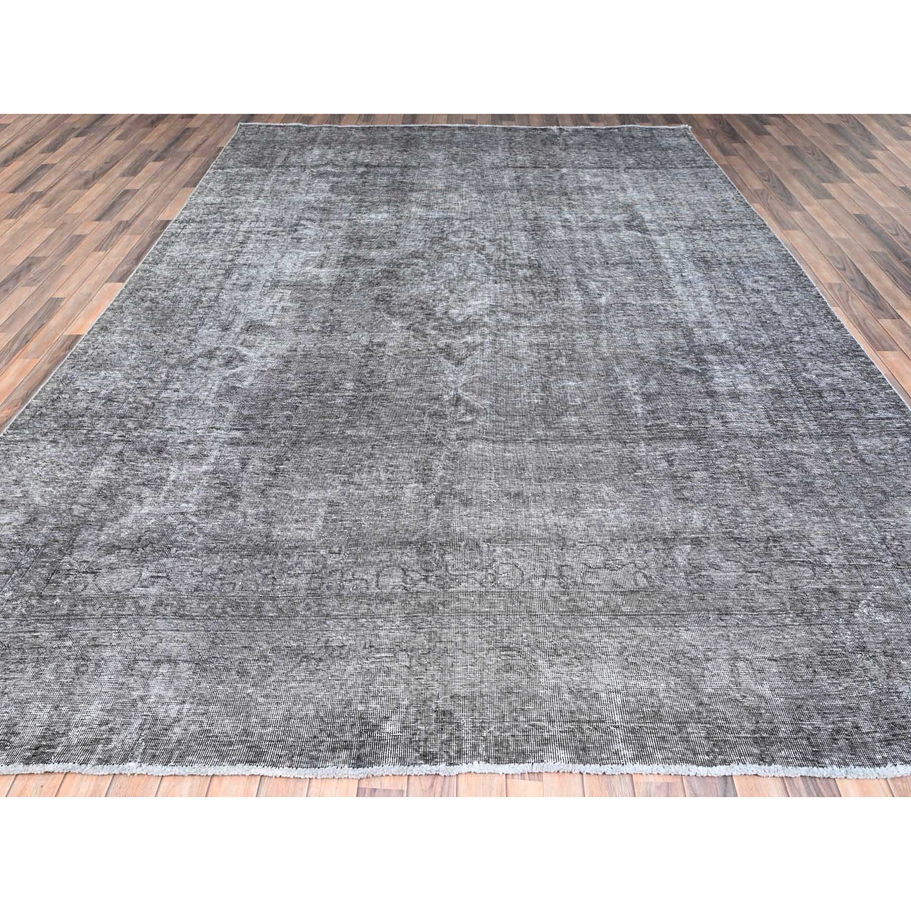 9'4"x12'10" Thunder Gray, Vintage Persian Tabriz, Distressed, Cropped Thin, Overdyed, Worn Wool, Hand Knotted, Oriental Rug Sh85406