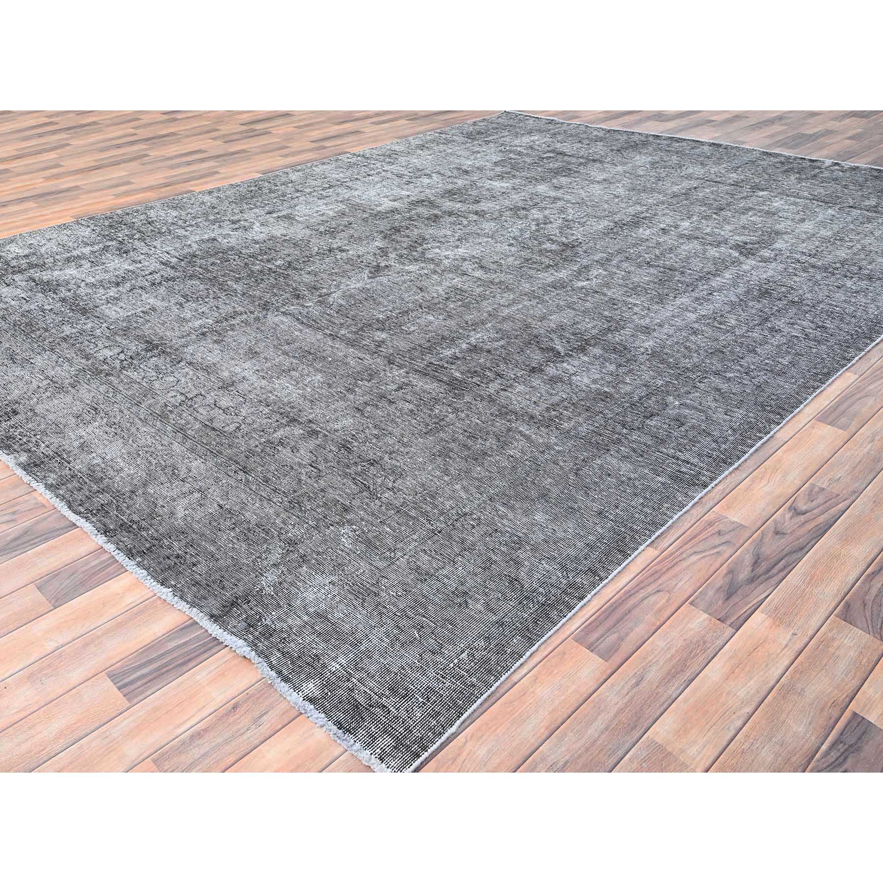 9'4"x12'10" Thunder Gray, Vintage Persian Tabriz, Distressed, Cropped Thin, Overdyed, Worn Wool, Hand Knotted, Oriental Rug Sh85406