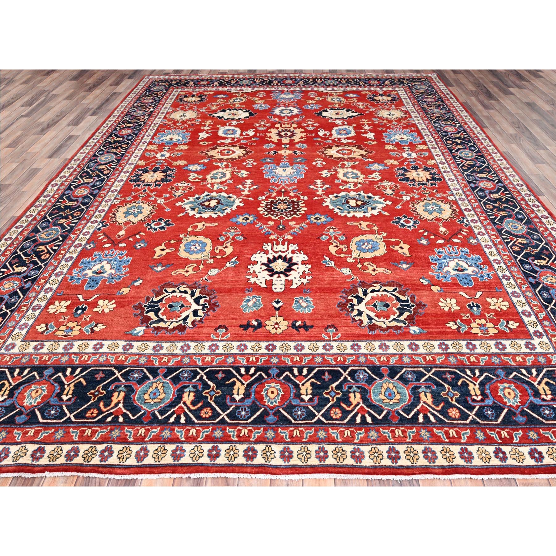 9'9"x13' Crimson Red, Afghan Peshawar with Serapi Heriz Design, Hand Knotted, Pure Wool, Natural Dyes, Dense Weave, Oriental Rug Sh85440