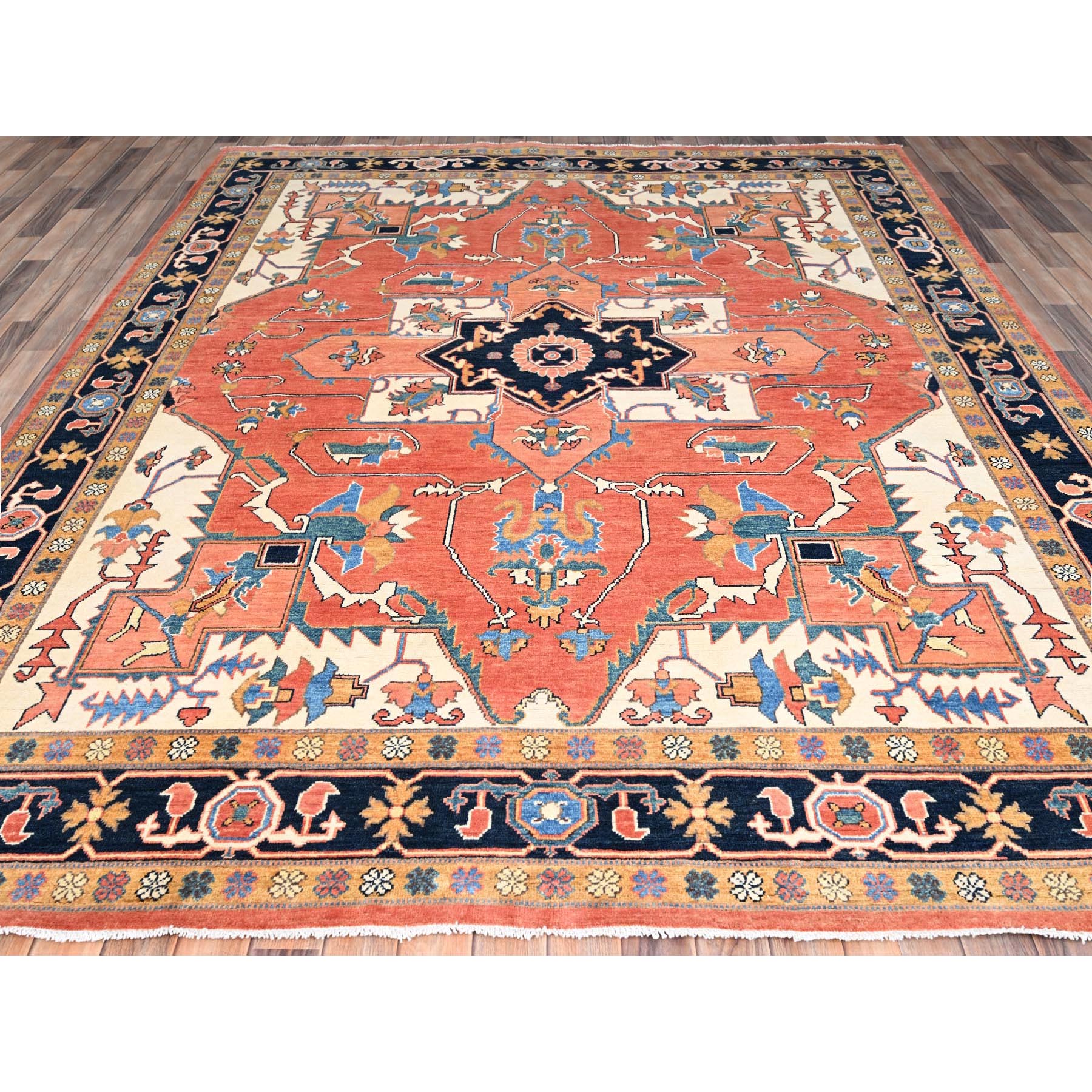 8'2"x9'10" Burnt Orange, Afghan Peshawar with Serapi Heriz Design, Dense Weave, Vegetable Dyes, Natural Wool, Hand Knotted, Oriental Rug Sh85459