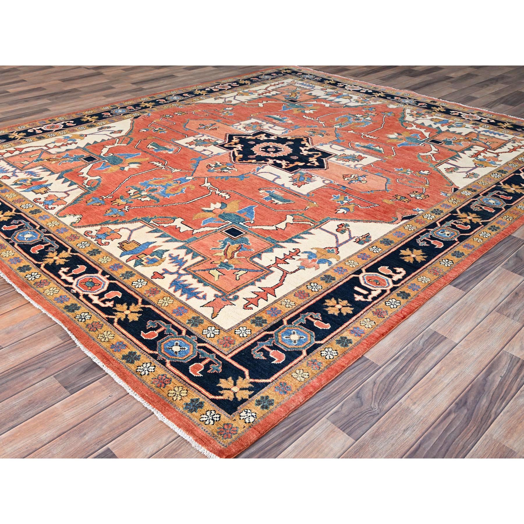 8'2"x9'10" Burnt Orange, Afghan Peshawar with Serapi Heriz Design, Dense Weave, Vegetable Dyes, Natural Wool, Hand Knotted, Oriental Rug Sh85459