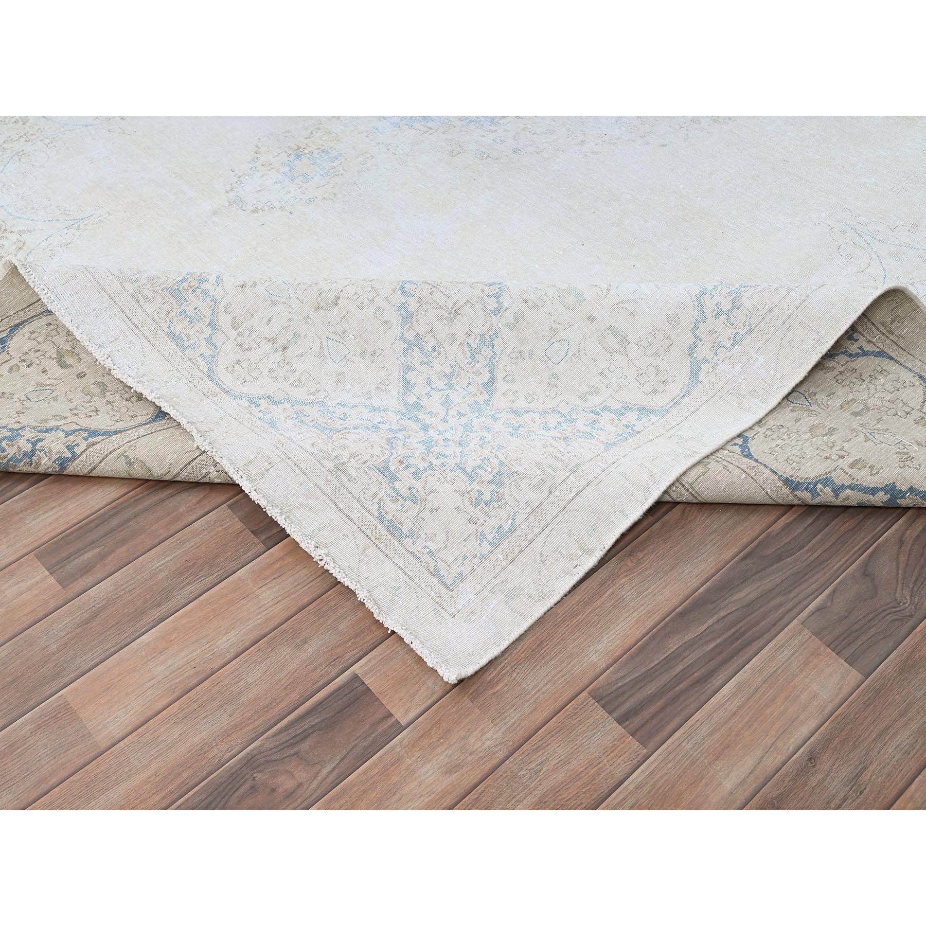 9'4"x12'3" Spring White, Pure Wool, Hand Knotted, Vintage Persian Kerman, Washed Out, Evenly Worn, Cleaned with Sides and Edges Professionally Secured, Oriental Rug Sh85525