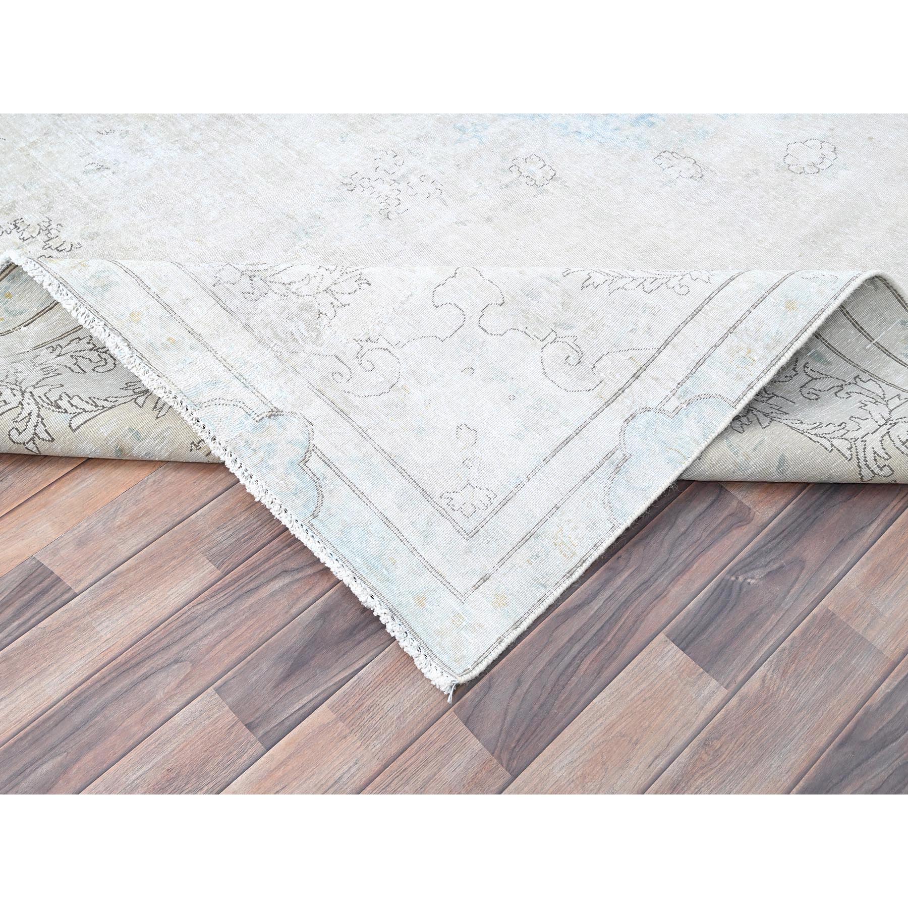7'2"x9'10" Alabaster White, Natural Wool, Hand Knotted, Vintage Persian Kerman, Washed Out, Evenly Worn, Cleaned with Sides and Edges Professionally Secured, Oriental Rug Sh85529