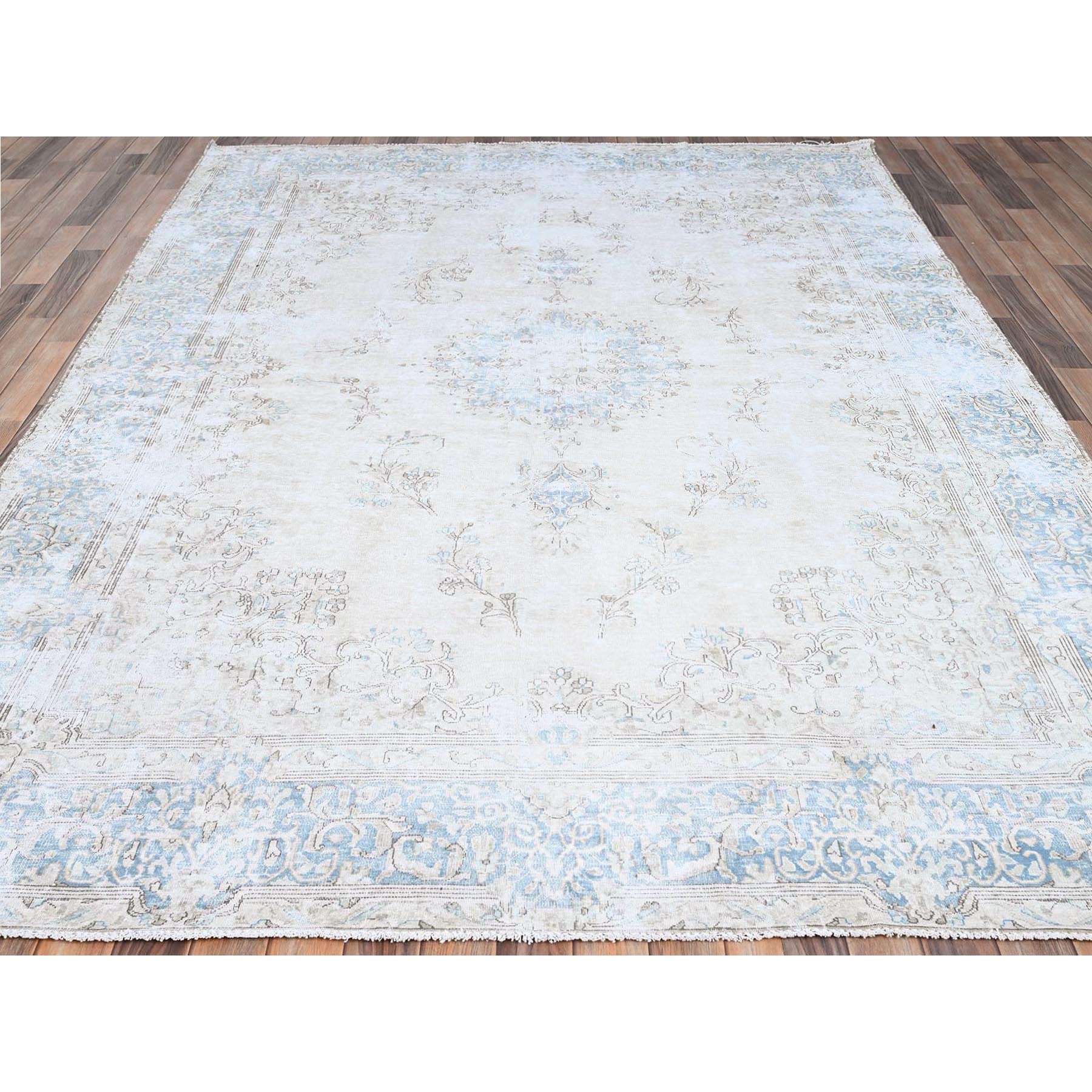 7'4"x9'9" Alabaster White, Worn Down, Pure Wool, Hand Knotted, Vintage Persian Kerman, Erased Design, Cleaned with Sides and Edges Professionally Secured, Oriental Rug Sh85530