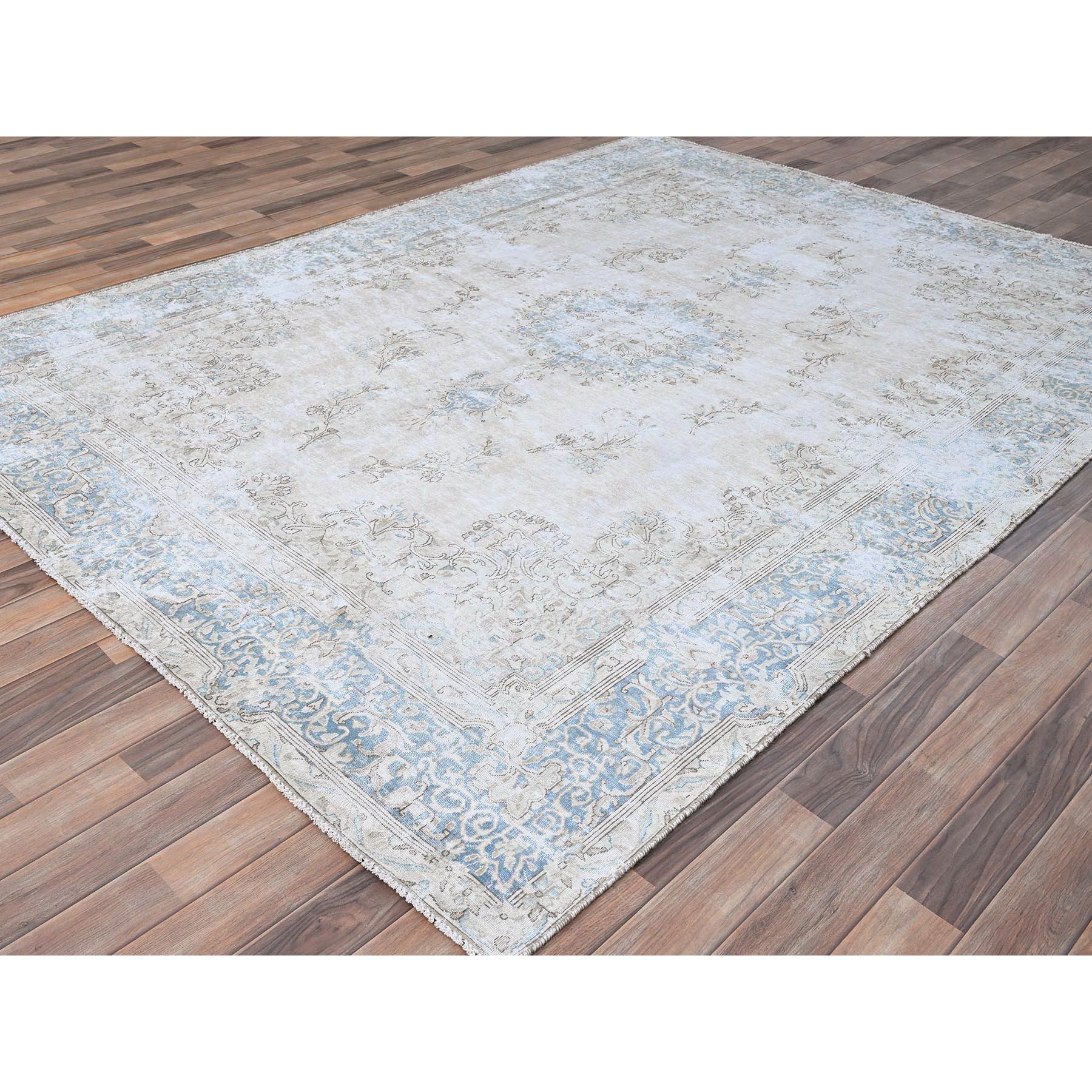 7'4"x9'9" Alabaster White, Worn Down, Pure Wool, Hand Knotted, Vintage Persian Kerman, Erased Design, Cleaned with Sides and Edges Professionally Secured, Oriental Rug Sh85530