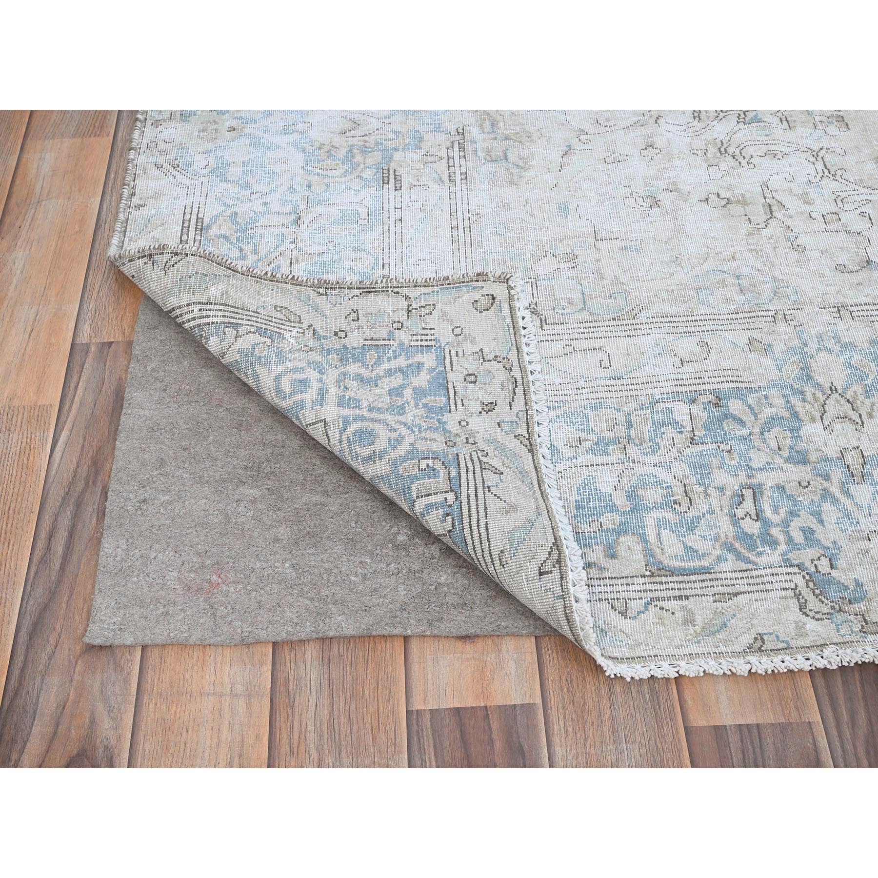 7'4"x9'9" Alabaster White, Worn Down, Pure Wool, Hand Knotted, Vintage Persian Kerman, Erased Design, Cleaned with Sides and Edges Professionally Secured, Oriental Rug Sh85530