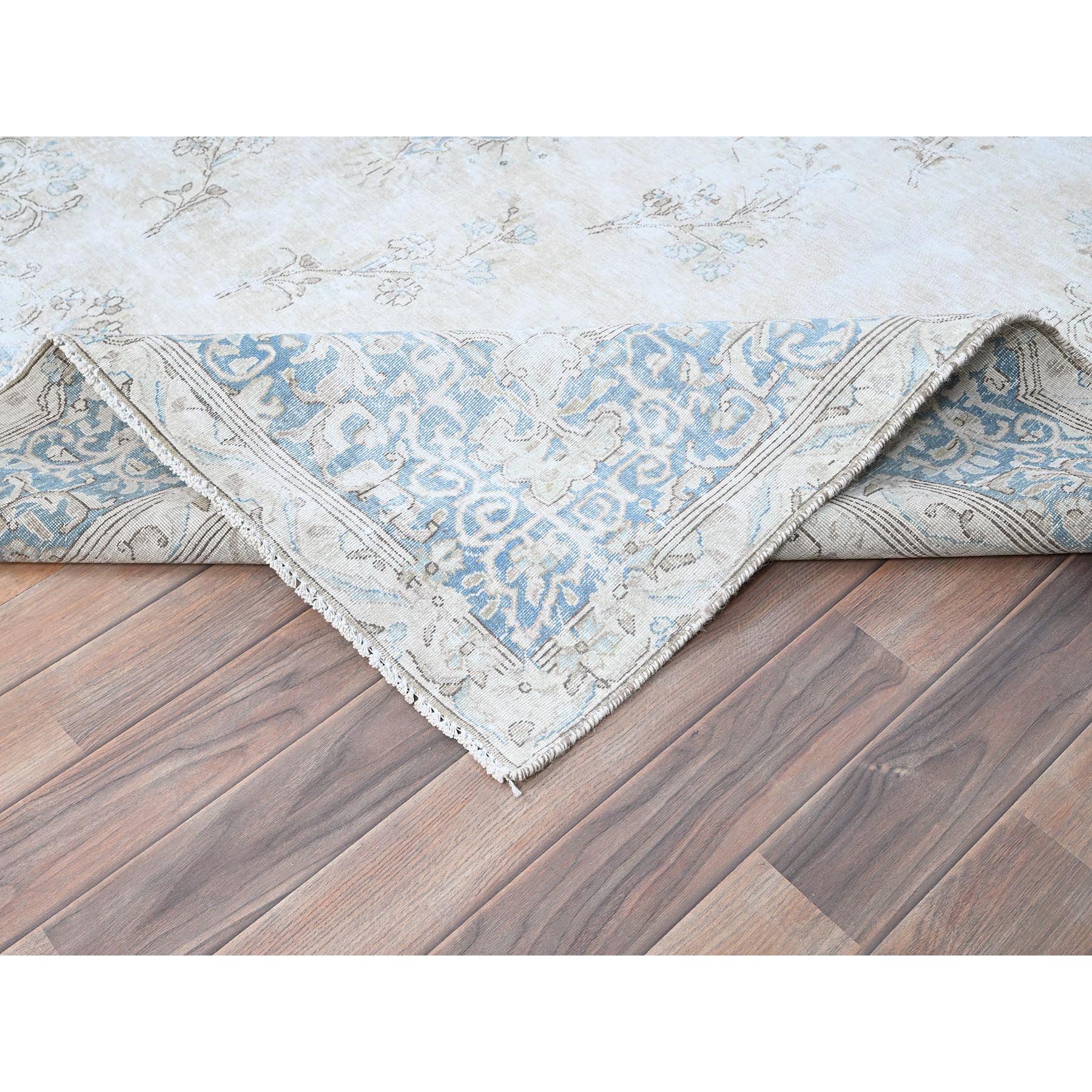 7'4"x9'9" Alabaster White, Worn Down, Pure Wool, Hand Knotted, Vintage Persian Kerman, Erased Design, Cleaned with Sides and Edges Professionally Secured, Oriental Rug Sh85530