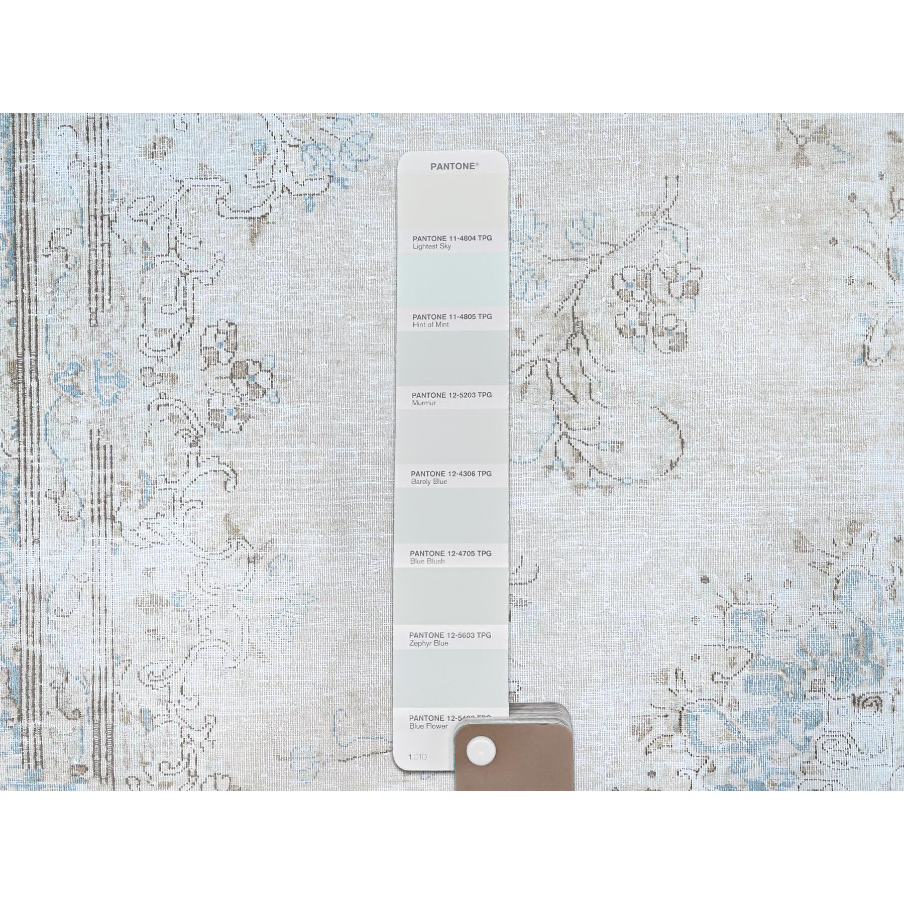 7'4"x9'9" Alabaster White, Worn Down, Pure Wool, Hand Knotted, Vintage Persian Kerman, Erased Design, Cleaned with Sides and Edges Professionally Secured, Oriental Rug Sh85530