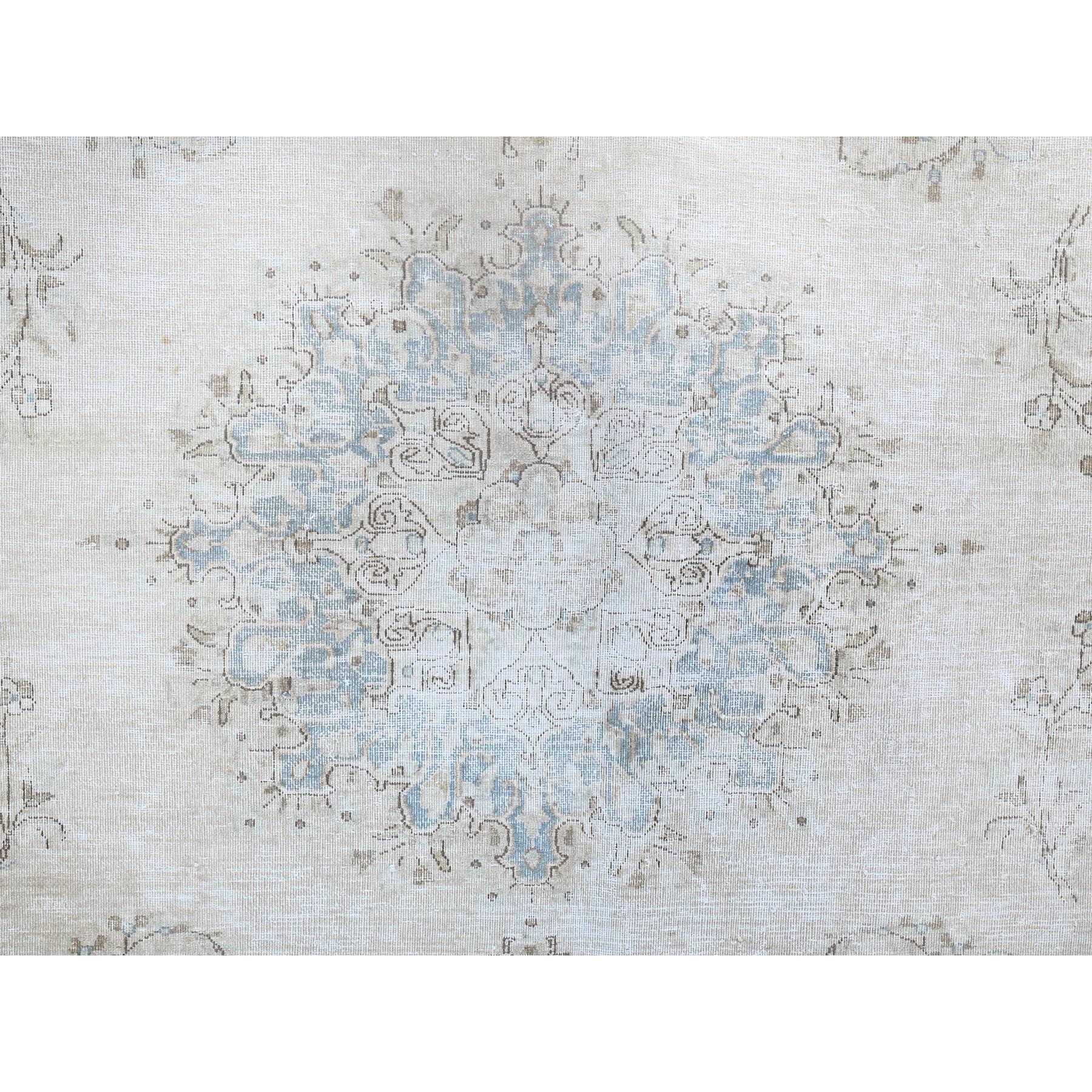 7'4"x9'9" Alabaster White, Worn Down, Pure Wool, Hand Knotted, Vintage Persian Kerman, Erased Design, Cleaned with Sides and Edges Professionally Secured, Oriental Rug Sh85530