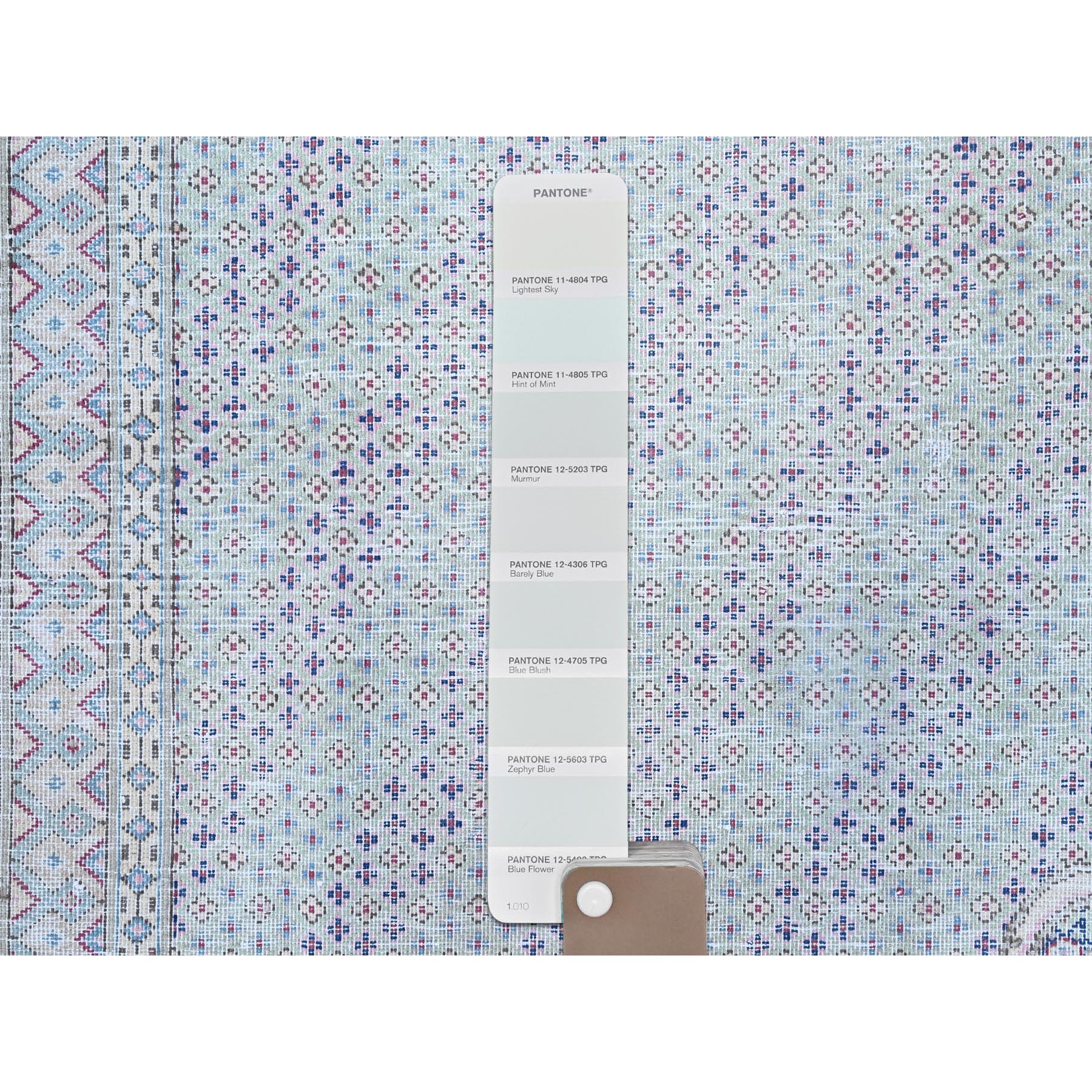 7'9"x10'1" Arctic Blue, Vintage Persian Kerman, Erased Medallion, Worn Down, Pure Wool, Hand Knotted, Cleaned with Sides and Edges Professionally Secured, Oriental Rug Sh85531