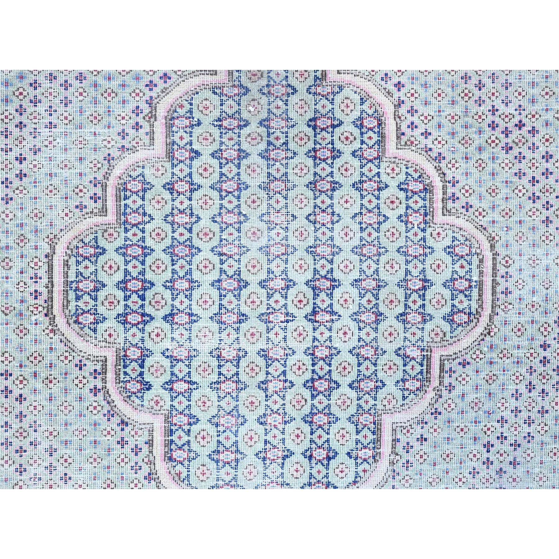 7'9"x10'1" Arctic Blue, Vintage Persian Kerman, Erased Medallion, Worn Down, Pure Wool, Hand Knotted, Cleaned with Sides and Edges Professionally Secured, Oriental Rug Sh85531