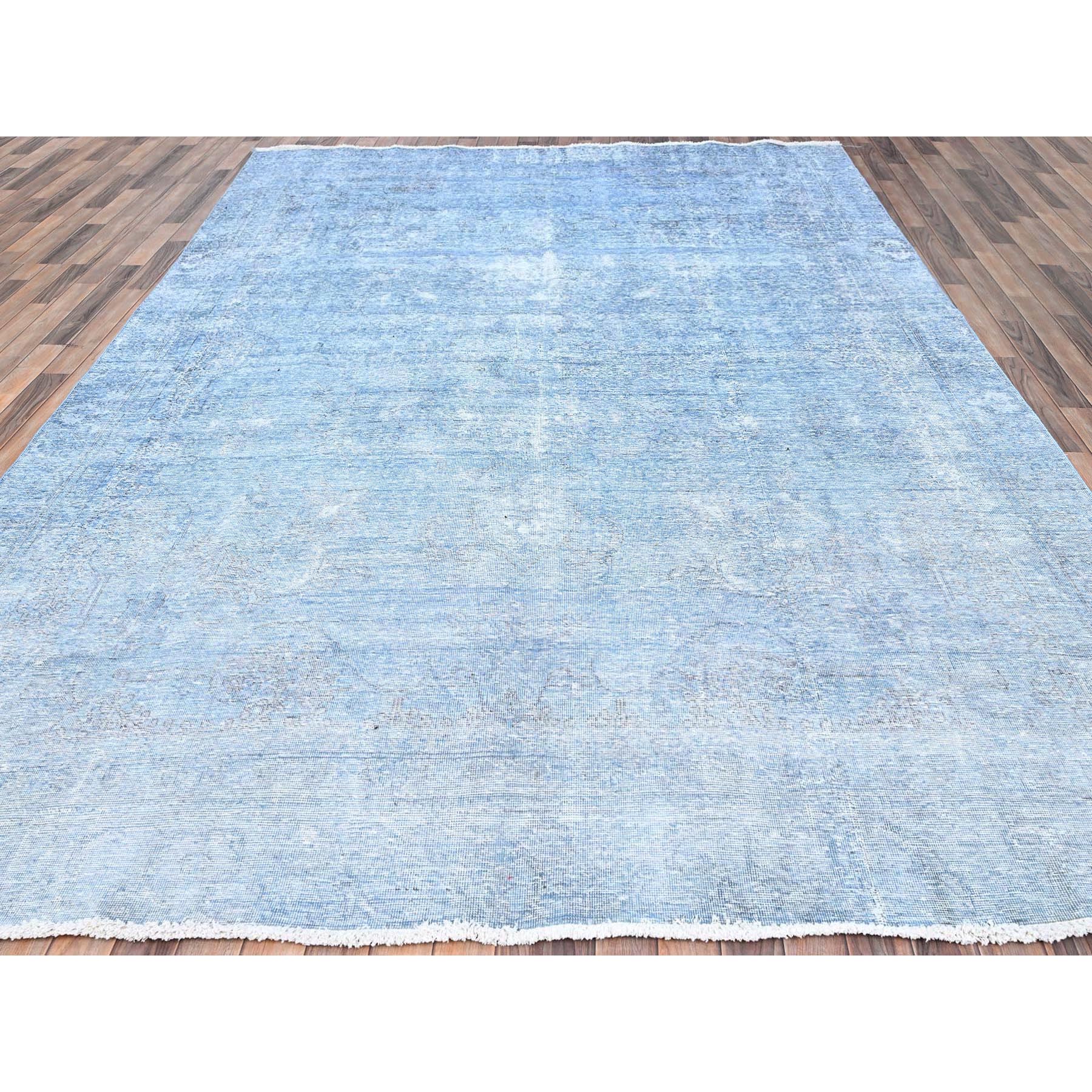 9'x11'8" Baby Blue, Hand Knotted, Overdyed Vintage Persian Tabriz, Worn Down, Rustic Look, Natural Wool, Oriental Rug Sh85539