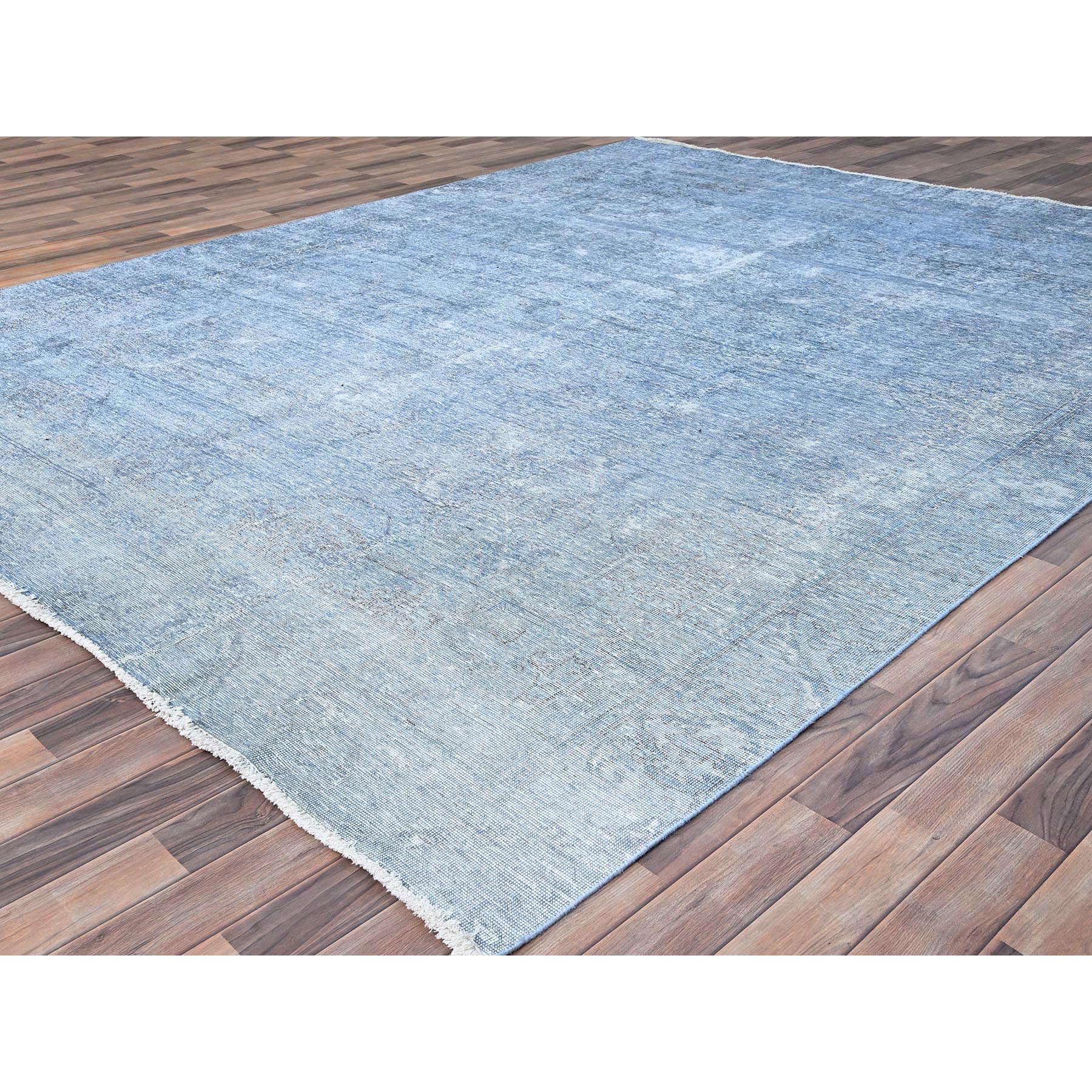 9'x11'8" Baby Blue, Hand Knotted, Overdyed Vintage Persian Tabriz, Worn Down, Rustic Look, Natural Wool, Oriental Rug Sh85539