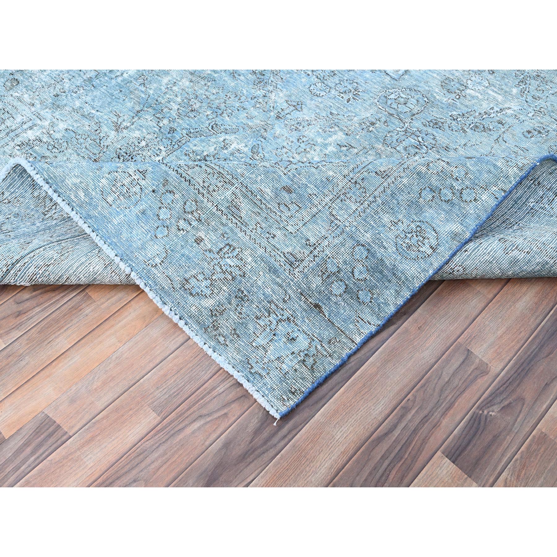 7'1"x10'7" Medium Turquoise, Pure Wool, Hand Knotted, Vintage Persian Tabriz with Faded Design, Shaved Down, Distressed Feel, Oriental Rug Sh85540