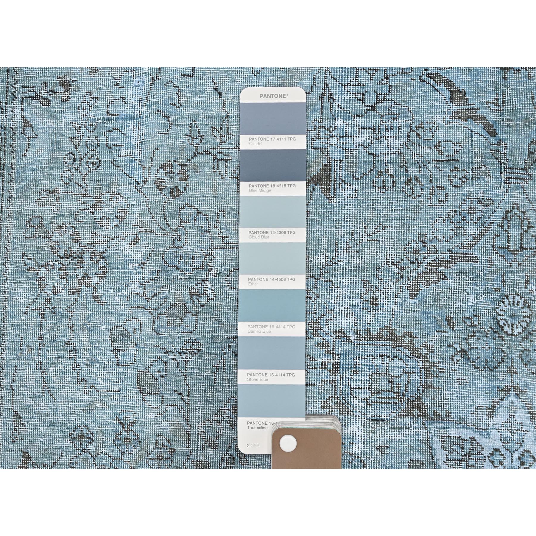 7'1"x10'7" Medium Turquoise, Pure Wool, Hand Knotted, Vintage Persian Tabriz with Faded Design, Shaved Down, Distressed Feel, Oriental Rug Sh85540