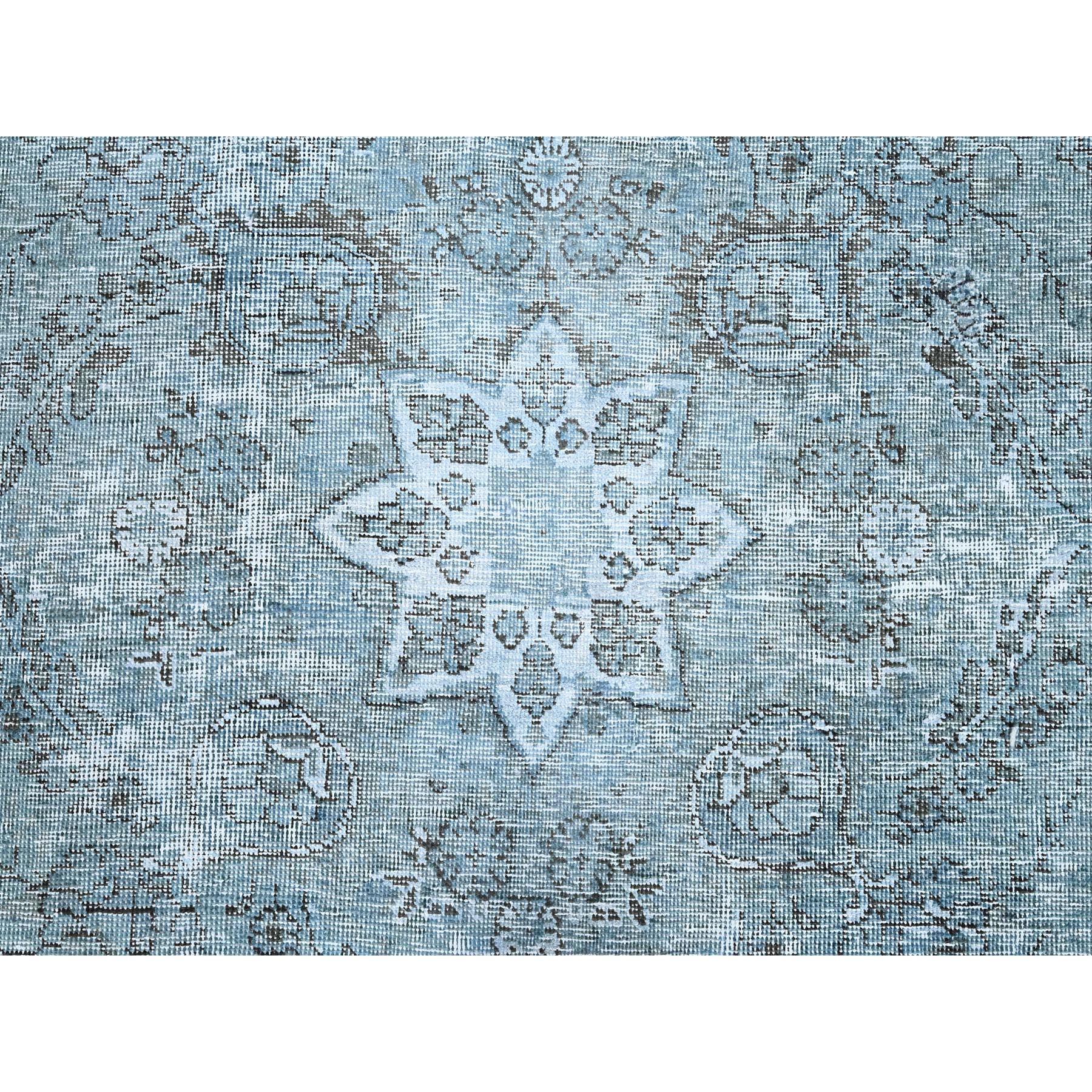 7'1"x10'7" Medium Turquoise, Pure Wool, Hand Knotted, Vintage Persian Tabriz with Faded Design, Shaved Down, Distressed Feel, Oriental Rug Sh85540