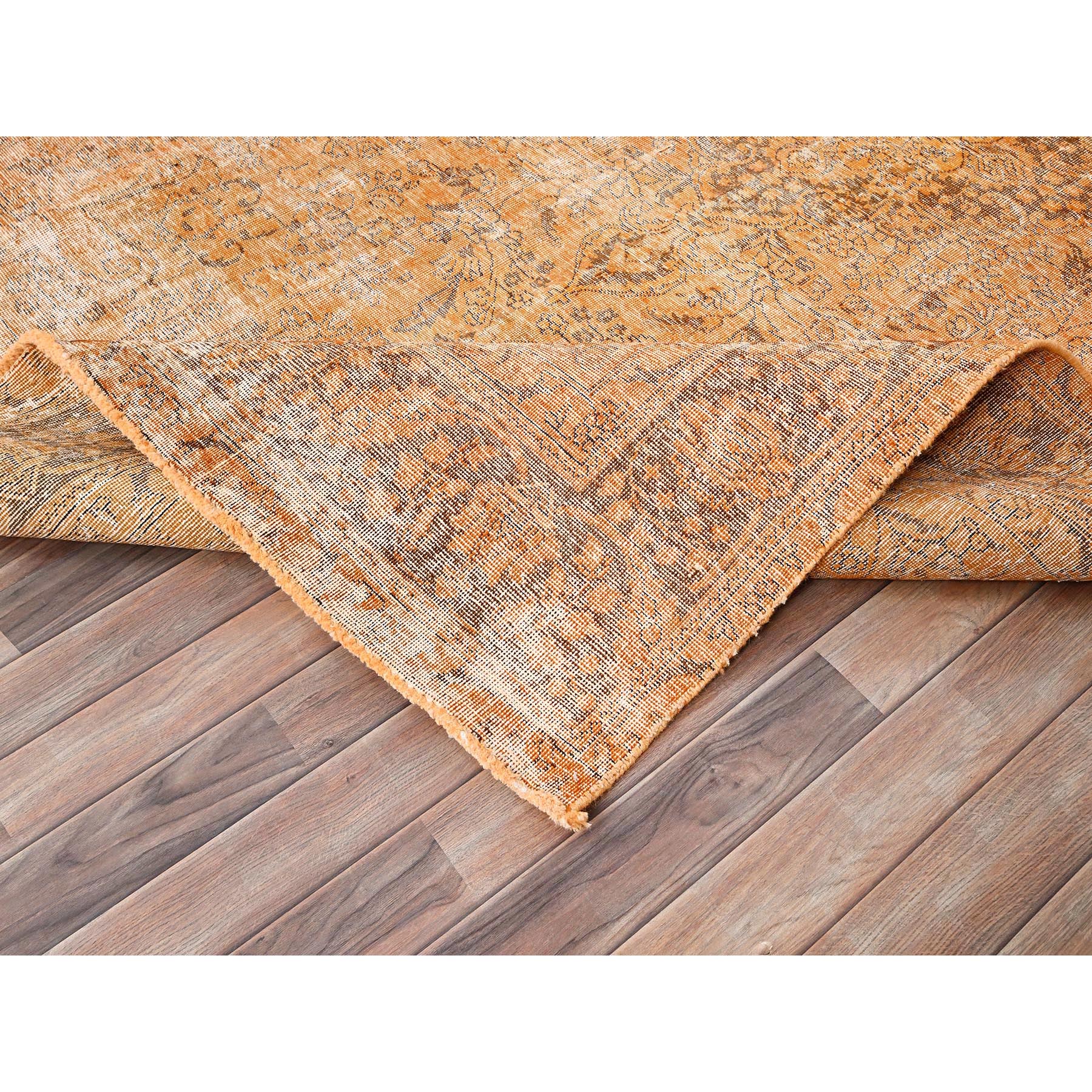 6'5"x10' Carrot Orange, Shaved Down, Distressed Look, Extra Soft Wool, Hand Knotted, Vintage Persian Tabriz with Faded Medallion Design, Oriental Rug Sh85542