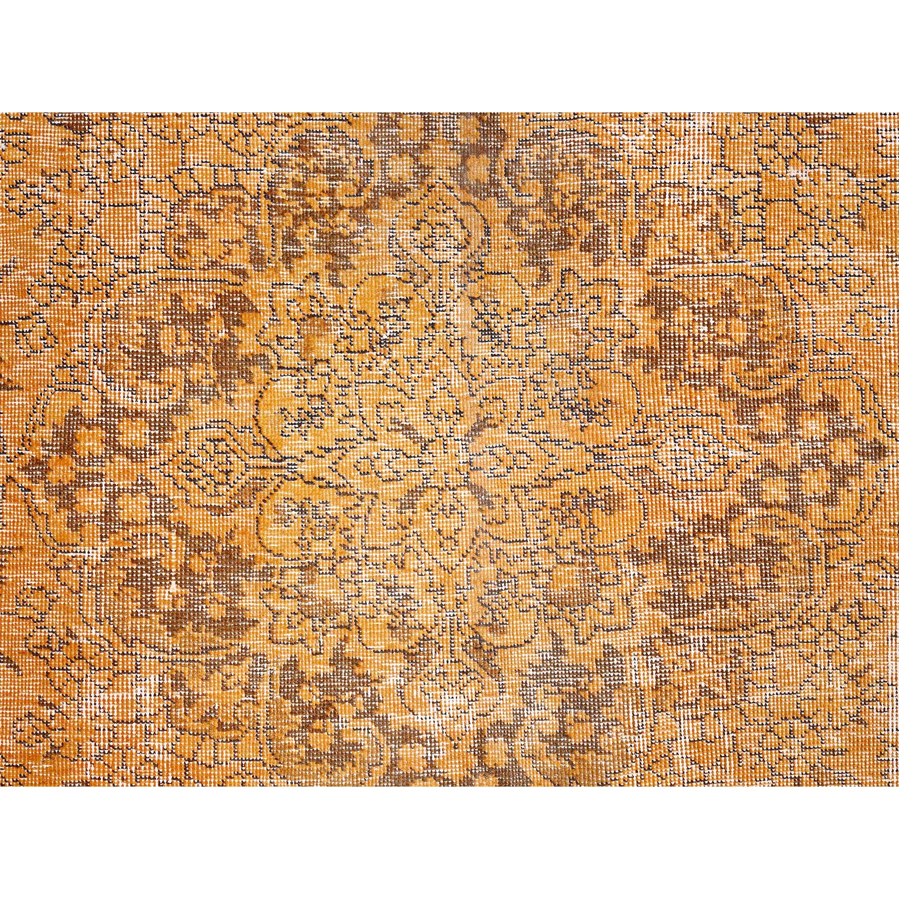 6'5"x10' Carrot Orange, Shaved Down, Distressed Look, Extra Soft Wool, Hand Knotted, Vintage Persian Tabriz with Faded Medallion Design, Oriental Rug Sh85542