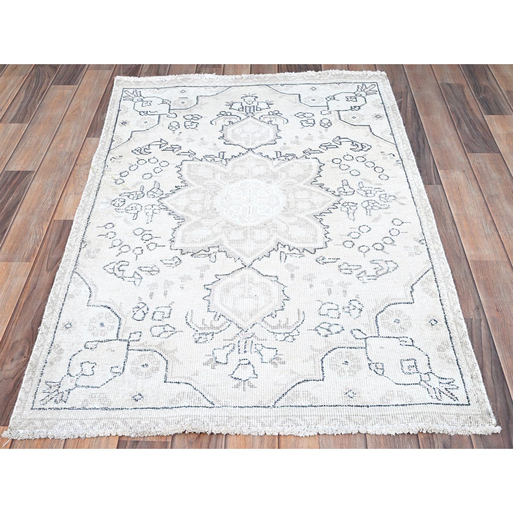 3'x4'4" Smoke White, 100% Wool, Hand Knotted, Vintage Persian Tabriz with Large Floral Design, Worn Down, Rustic Feel, Oriental Rug Sh85553