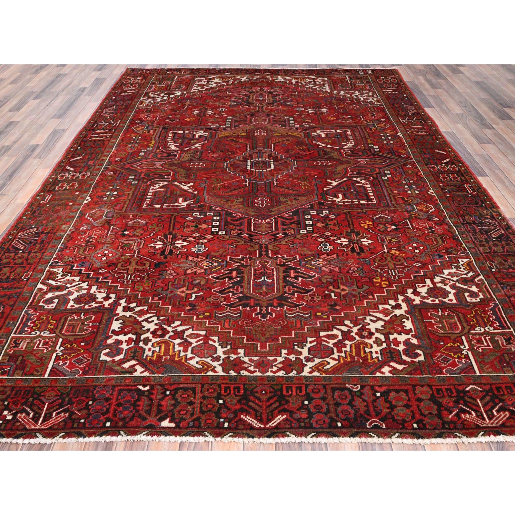 8'2"x11'3" Imperial Red, Semi Antique Persian Heriz, Good Condition, Rustic Feel, Worn Wool, Hand Knotted, Oriental Rug Sh85557