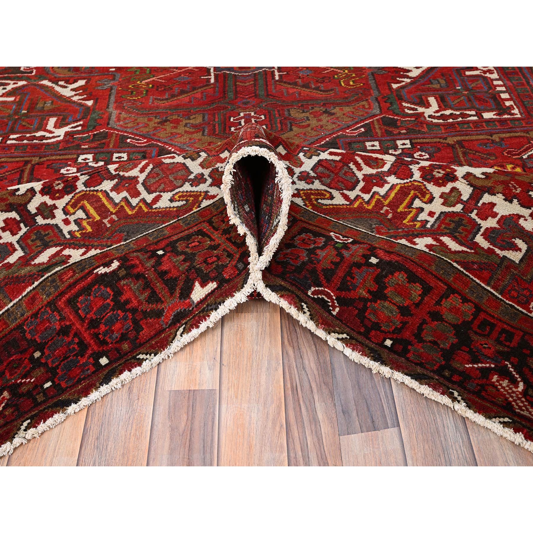 8'2"x11'3" Imperial Red, Semi Antique Persian Heriz, Good Condition, Rustic Feel, Worn Wool, Hand Knotted, Oriental Rug Sh85557