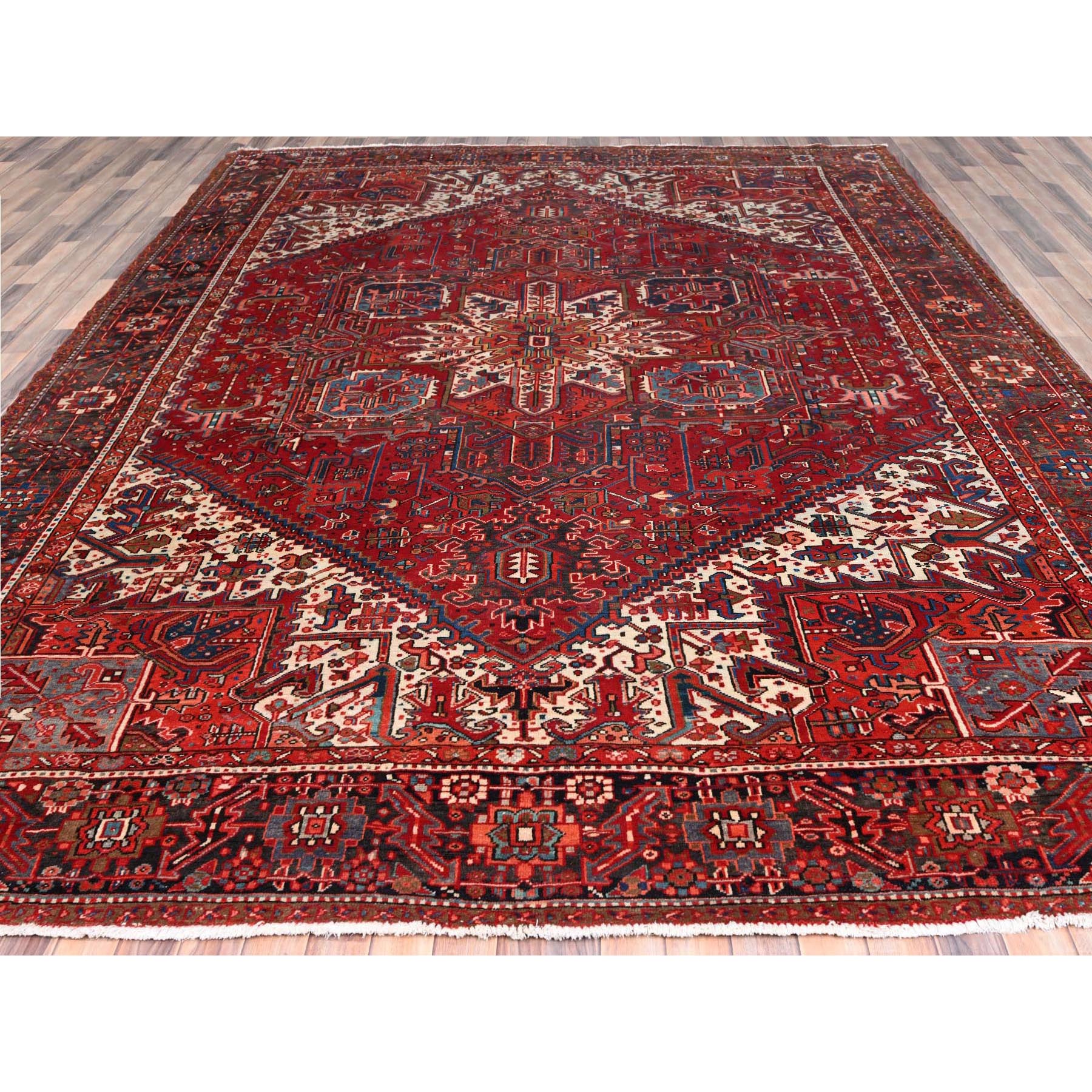 10'1"x12'9" Ajax Red, Semi Antique Persian Heriz with Tribal Ambience, Good Condition, Distressed Look, Pure Wool, Hand Knotted, Oriental Rug Sh85562