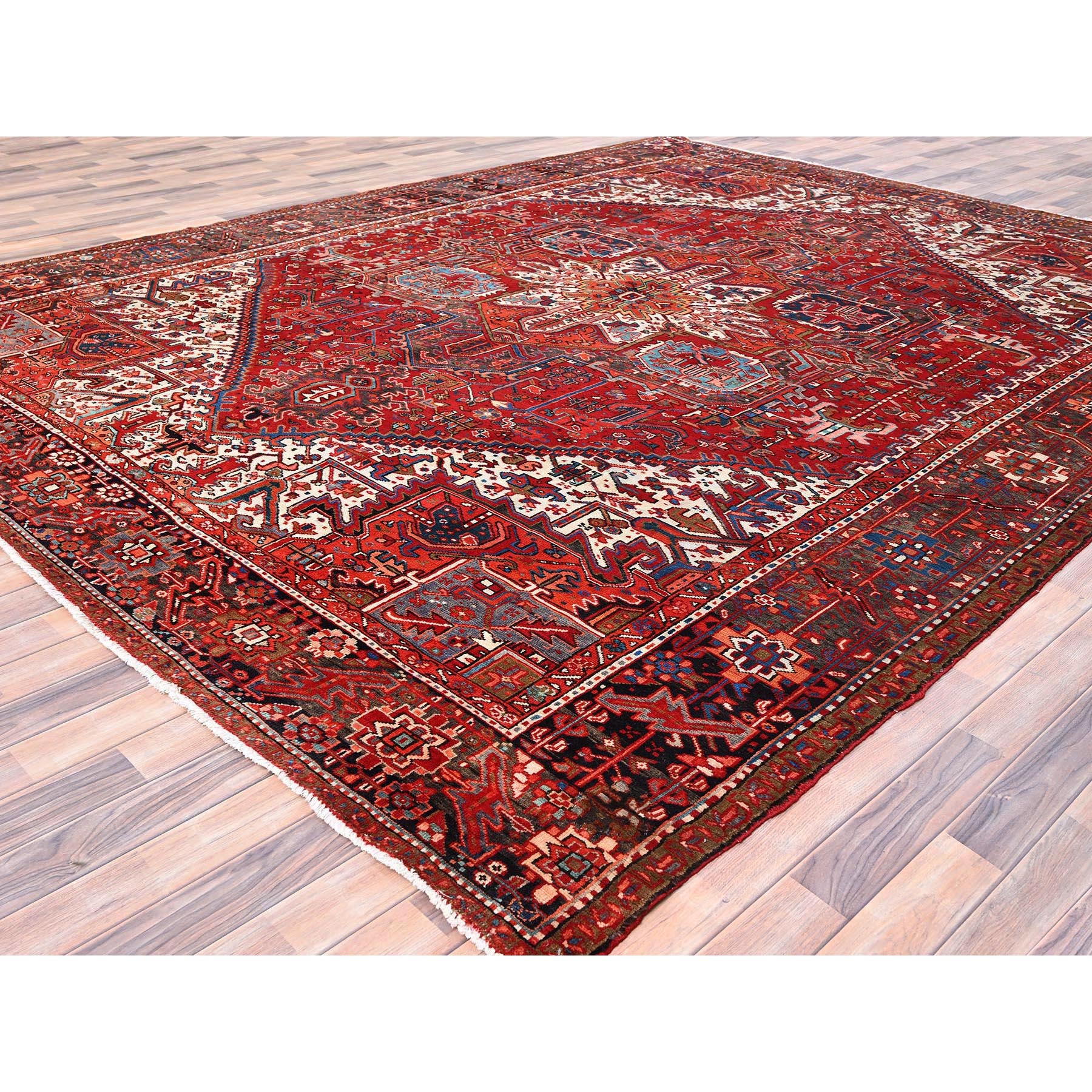 10'1"x12'9" Ajax Red, Semi Antique Persian Heriz with Tribal Ambience, Good Condition, Distressed Look, Pure Wool, Hand Knotted, Oriental Rug Sh85562