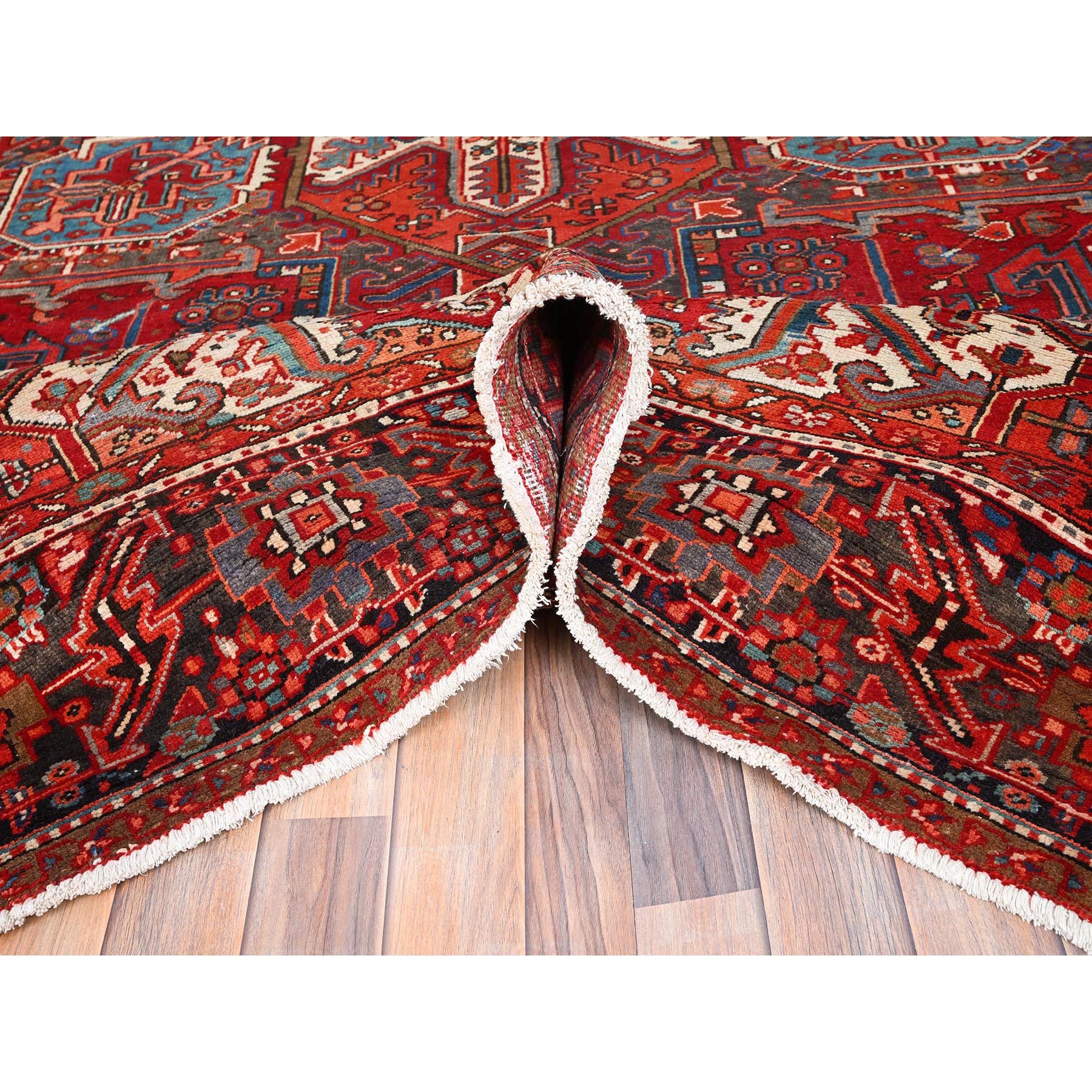 10'1"x12'9" Ajax Red, Semi Antique Persian Heriz with Tribal Ambience, Good Condition, Distressed Look, Pure Wool, Hand Knotted, Oriental Rug Sh85562