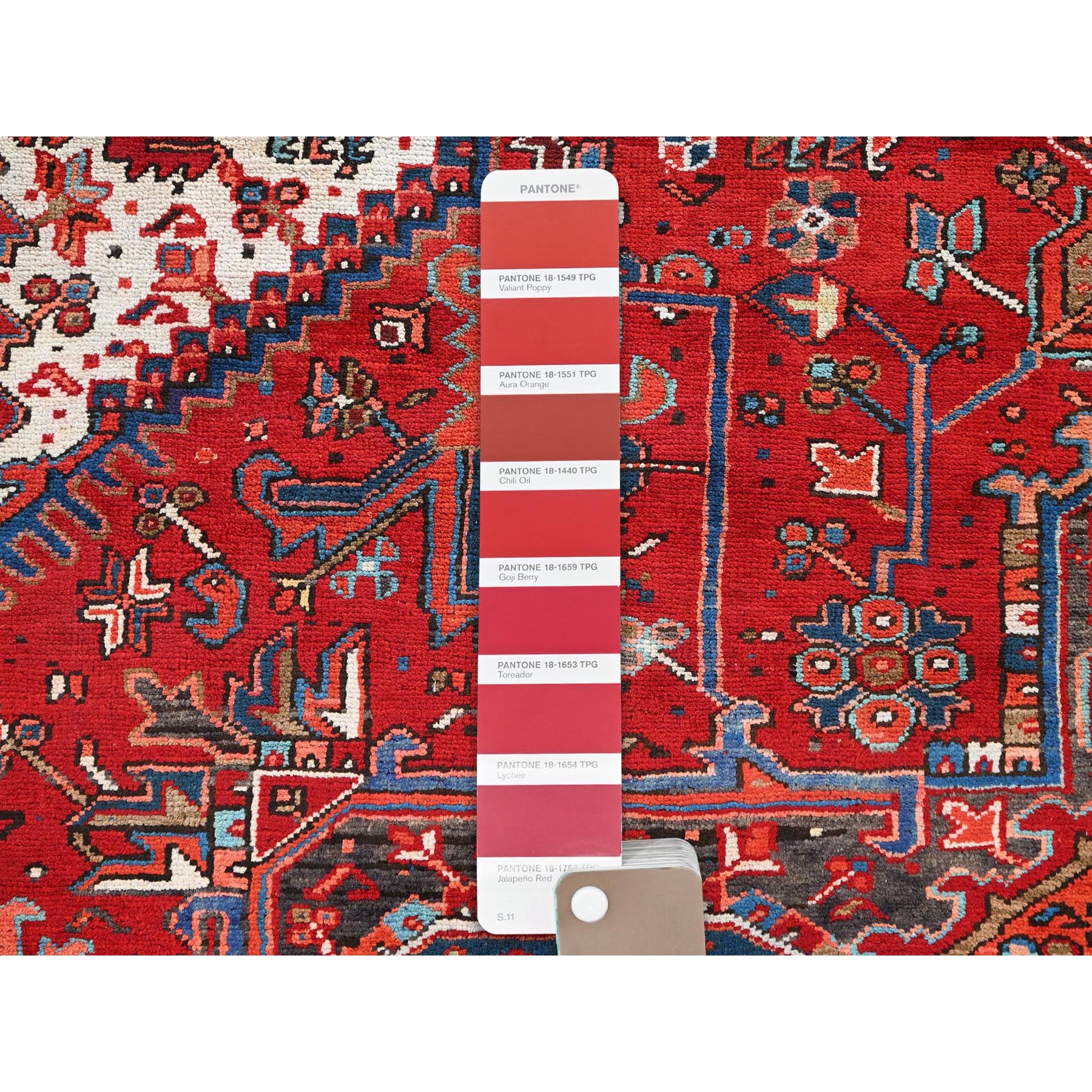 10'1"x12'9" Ajax Red, Semi Antique Persian Heriz with Tribal Ambience, Good Condition, Distressed Look, Pure Wool, Hand Knotted, Oriental Rug Sh85562