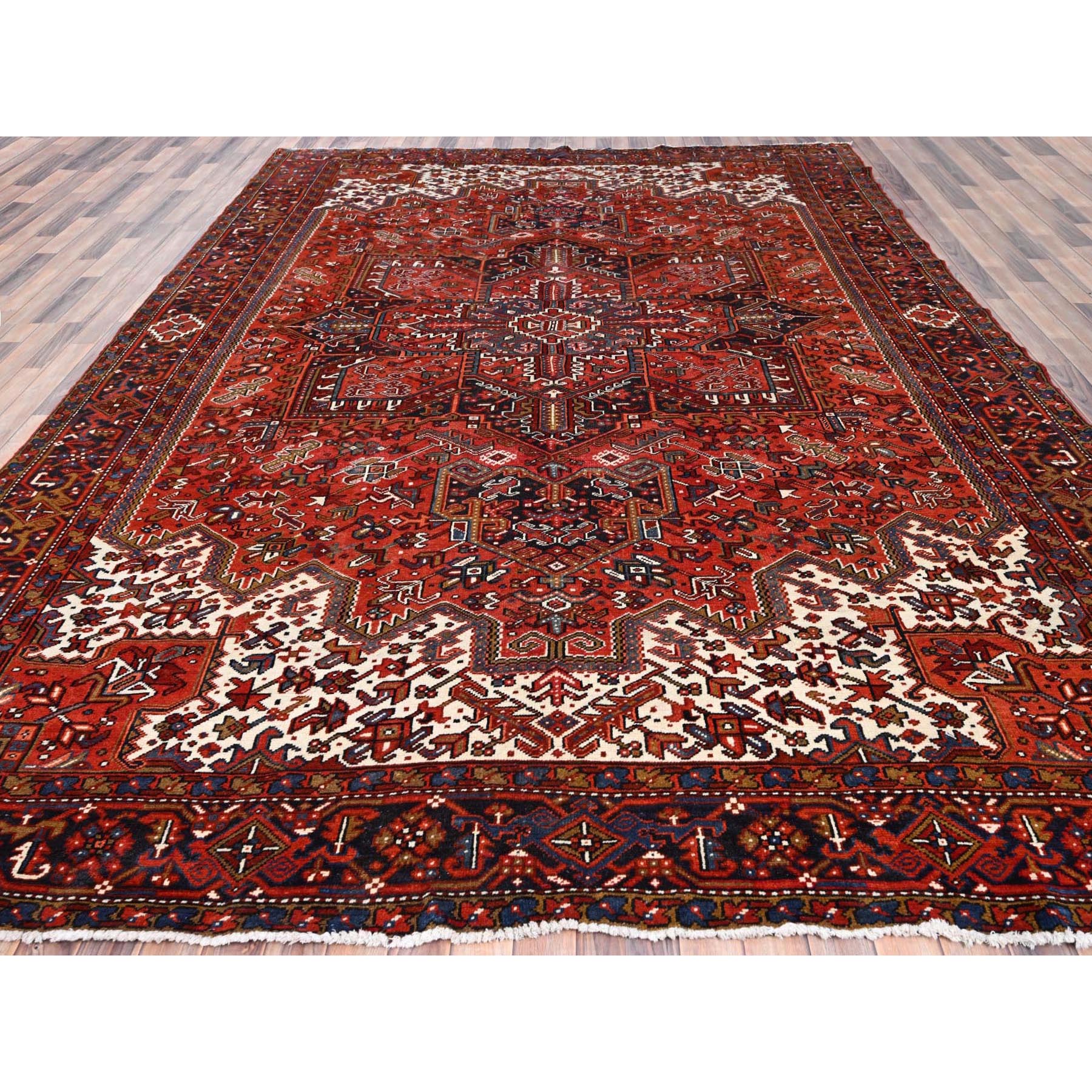 9'10"x13' Turkey Red, Good Condition, Rustic Feel, Worn Wool, Hand Knotted, Semi Antique Persian Heriz with Tribal Ambience, Oriental Rug Sh85569