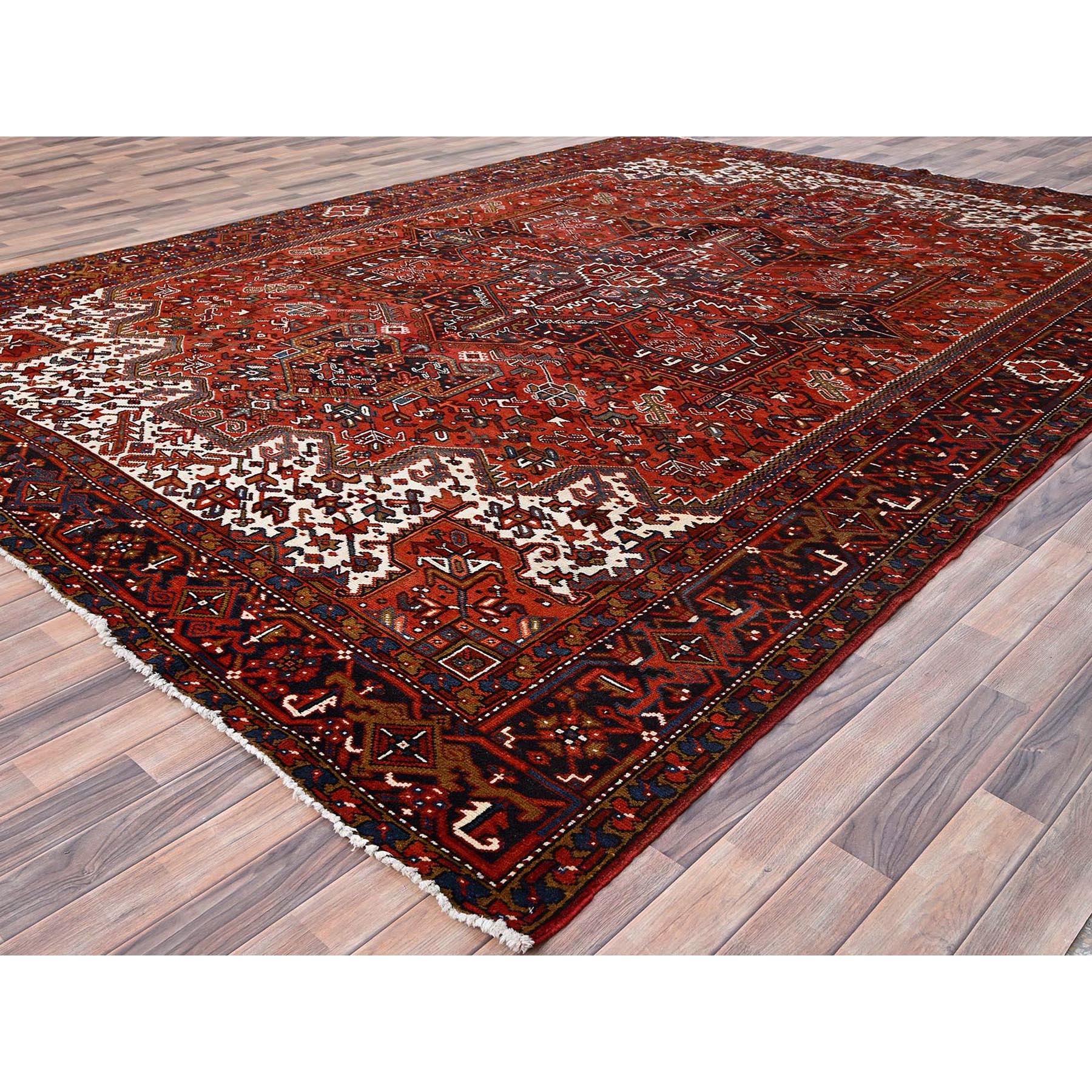 9'10"x13' Turkey Red, Good Condition, Rustic Feel, Worn Wool, Hand Knotted, Semi Antique Persian Heriz with Tribal Ambience, Oriental Rug Sh85569