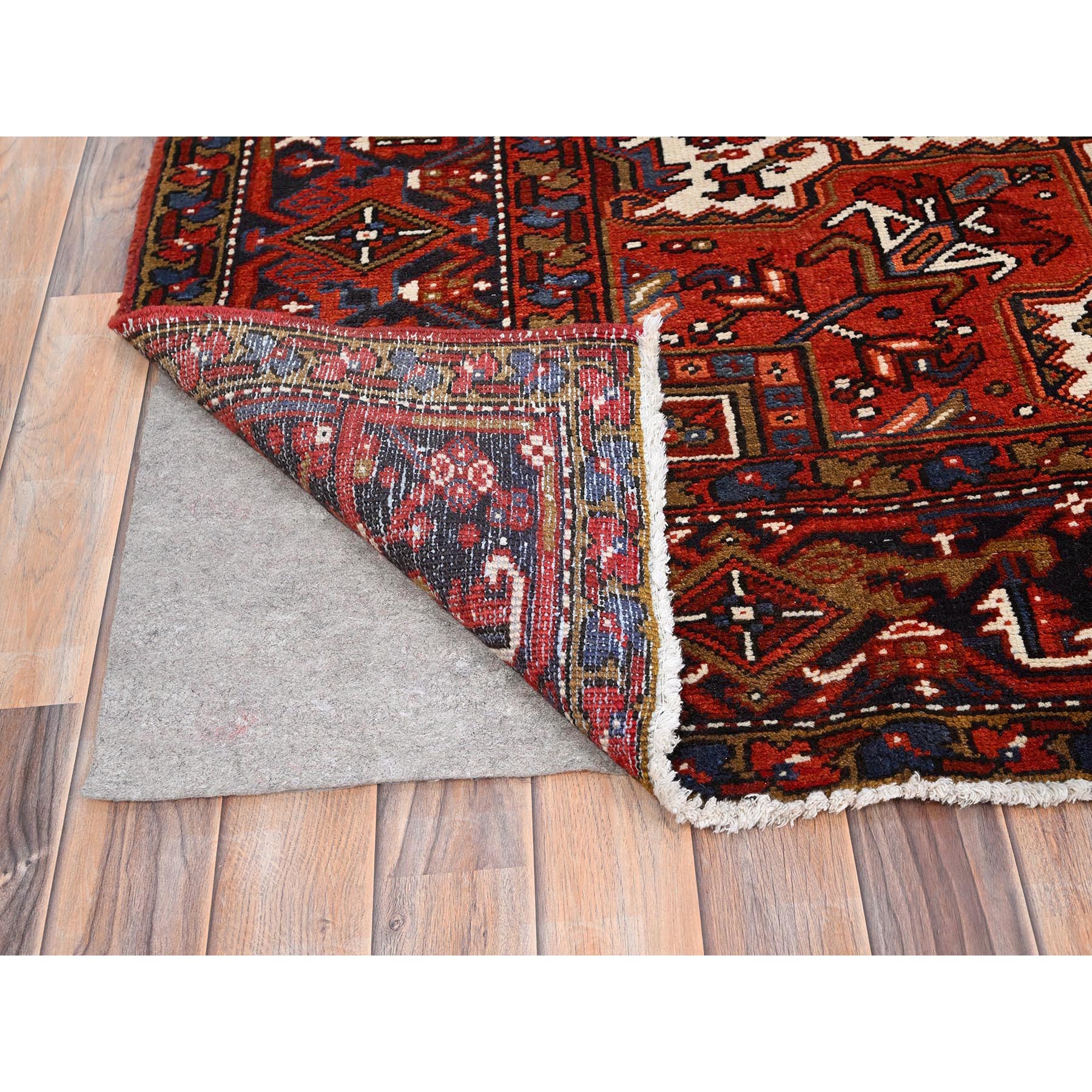 9'10"x13' Turkey Red, Good Condition, Rustic Feel, Worn Wool, Hand Knotted, Semi Antique Persian Heriz with Tribal Ambience, Oriental Rug Sh85569