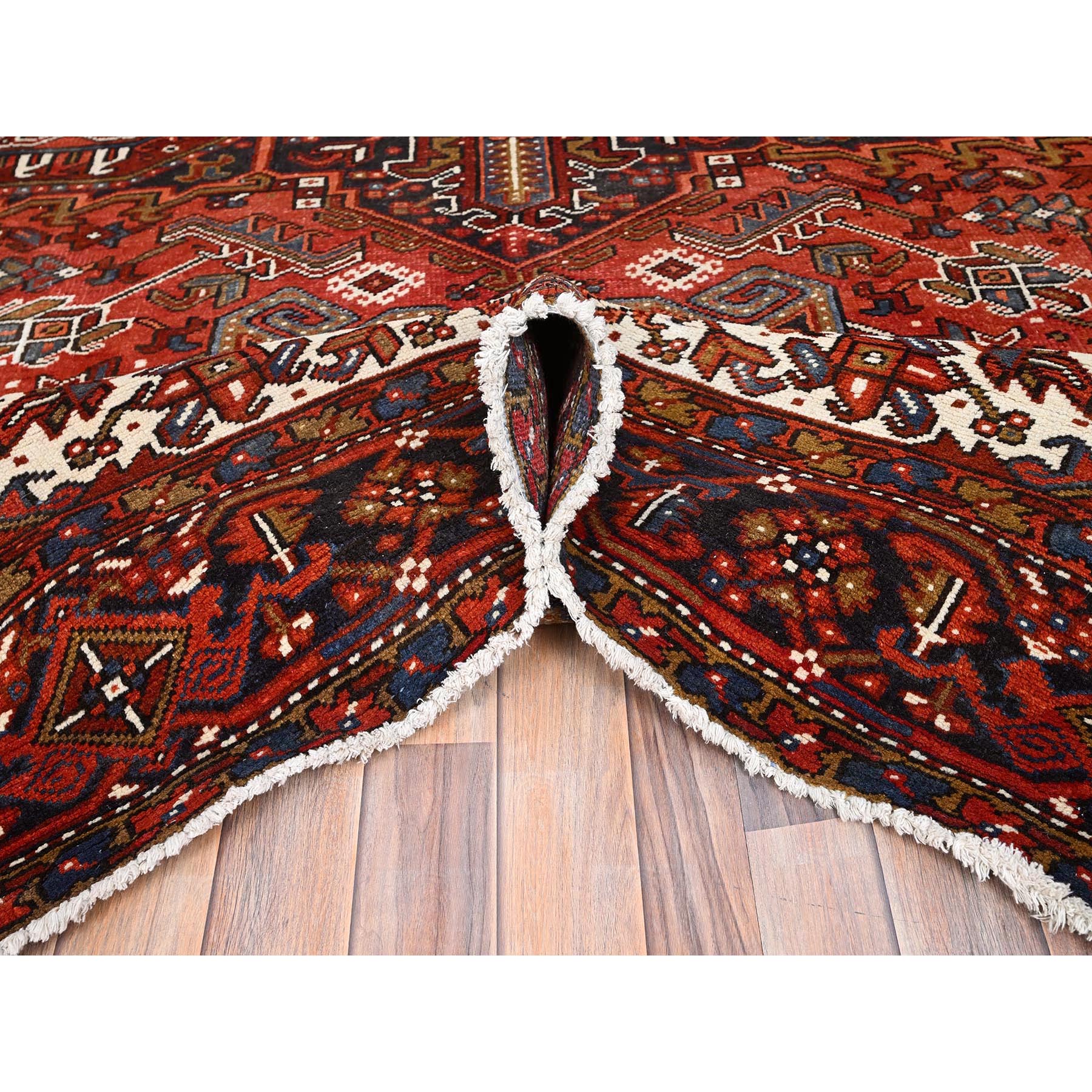 9'10"x13' Turkey Red, Good Condition, Rustic Feel, Worn Wool, Hand Knotted, Semi Antique Persian Heriz with Tribal Ambience, Oriental Rug Sh85569