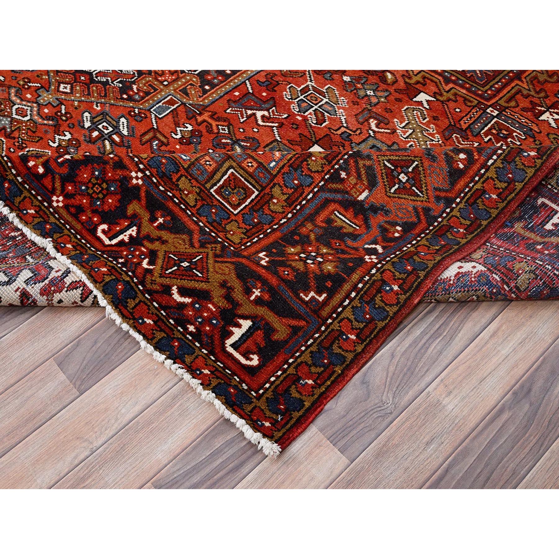 9'10"x13' Turkey Red, Good Condition, Rustic Feel, Worn Wool, Hand Knotted, Semi Antique Persian Heriz with Tribal Ambience, Oriental Rug Sh85569