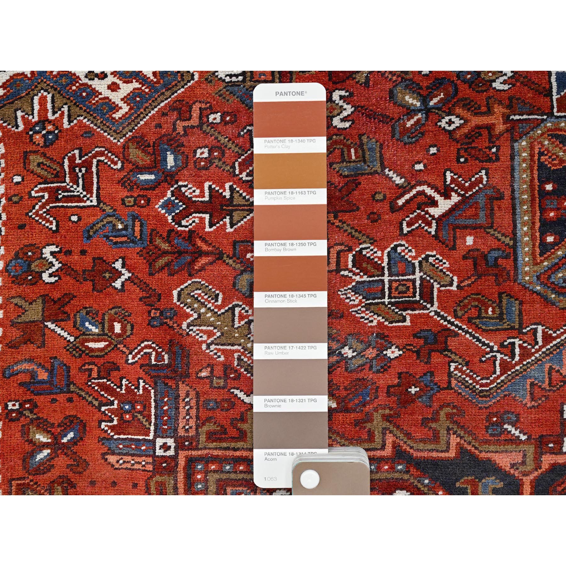 9'10"x13' Turkey Red, Good Condition, Rustic Feel, Worn Wool, Hand Knotted, Semi Antique Persian Heriz with Tribal Ambience, Oriental Rug Sh85569