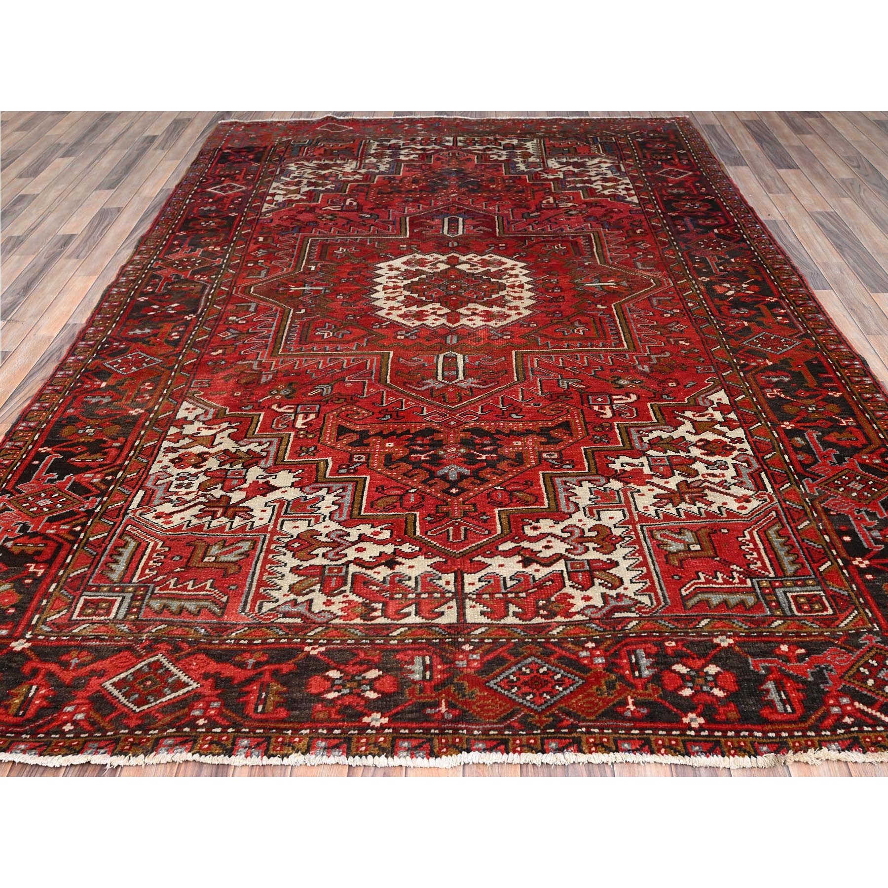 7'5"x10'2" Fire Brick Red, Vintage Persian Heriz with Village Motif, Good Condition, Distressed Look, Pure Wool, Hand Knotted, Oriental Rug Sh85570