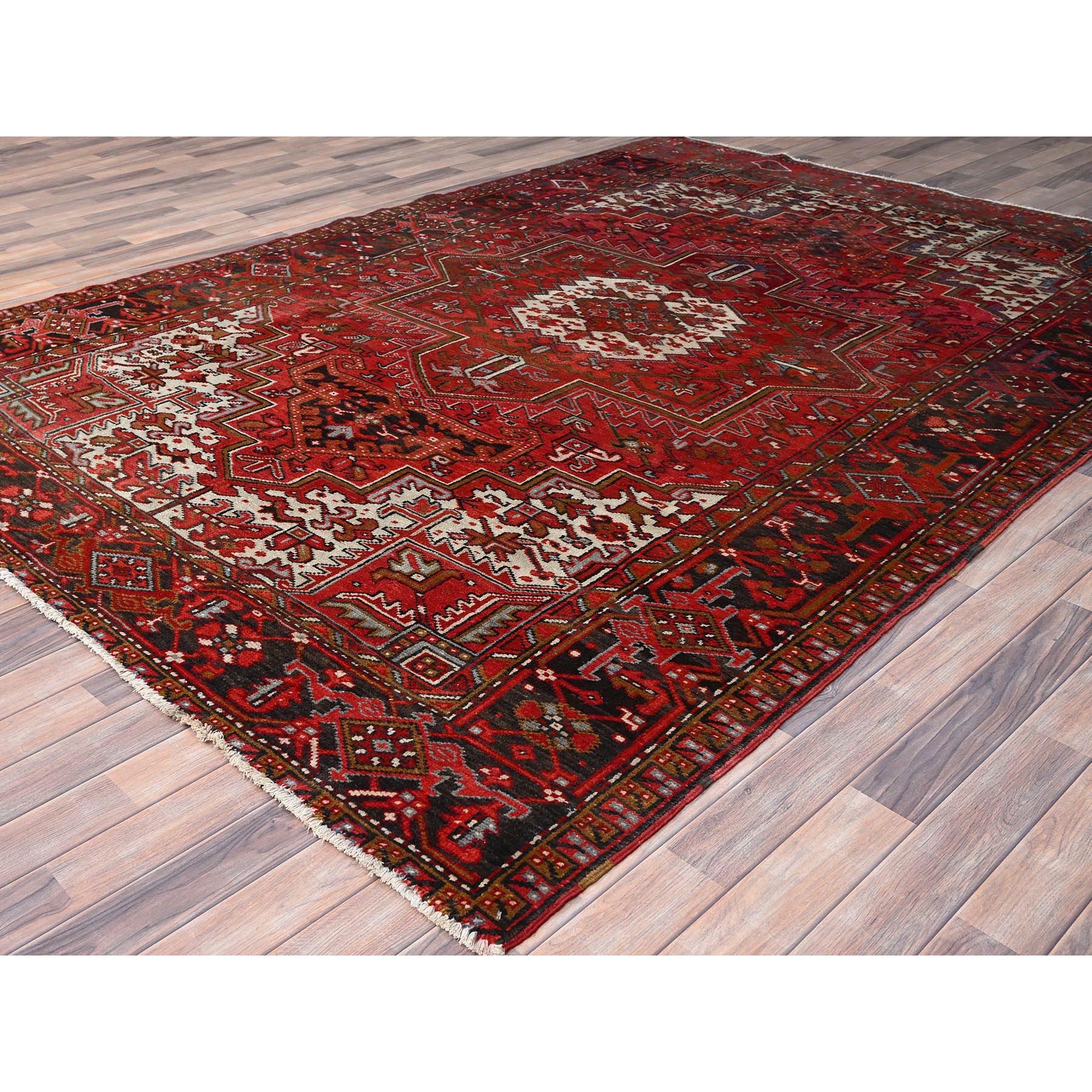 7'5"x10'2" Fire Brick Red, Vintage Persian Heriz with Village Motif, Good Condition, Distressed Look, Pure Wool, Hand Knotted, Oriental Rug Sh85570