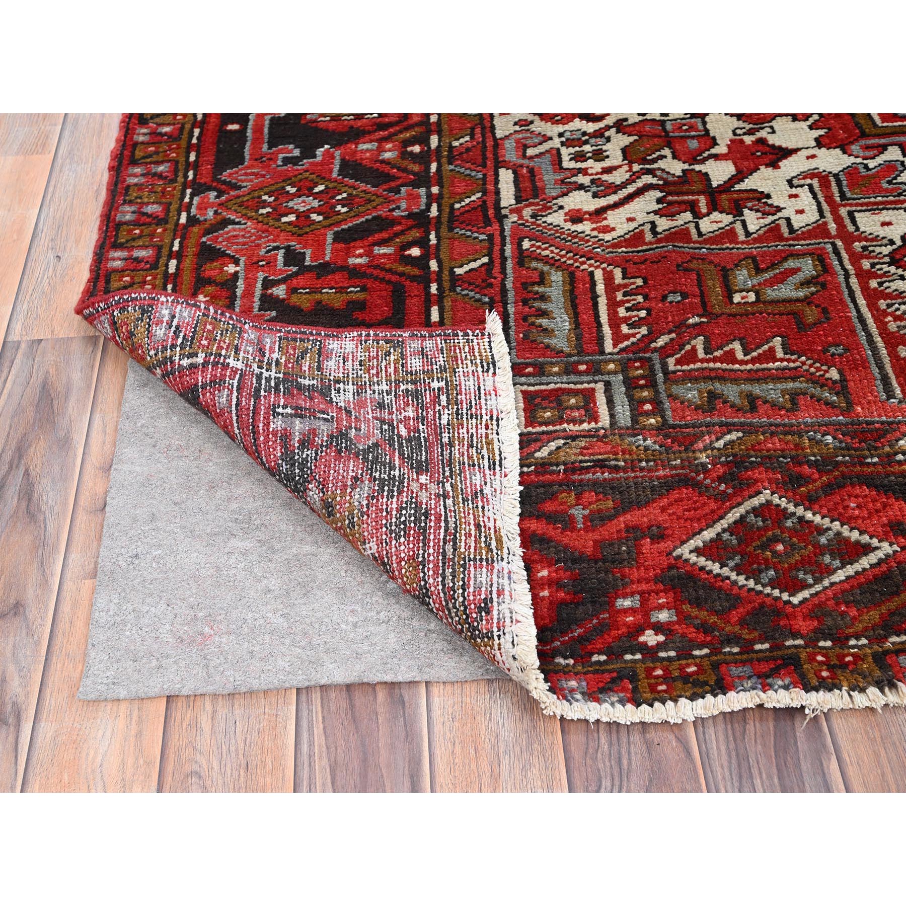 7'5"x10'2" Fire Brick Red, Vintage Persian Heriz with Village Motif, Good Condition, Distressed Look, Pure Wool, Hand Knotted, Oriental Rug Sh85570