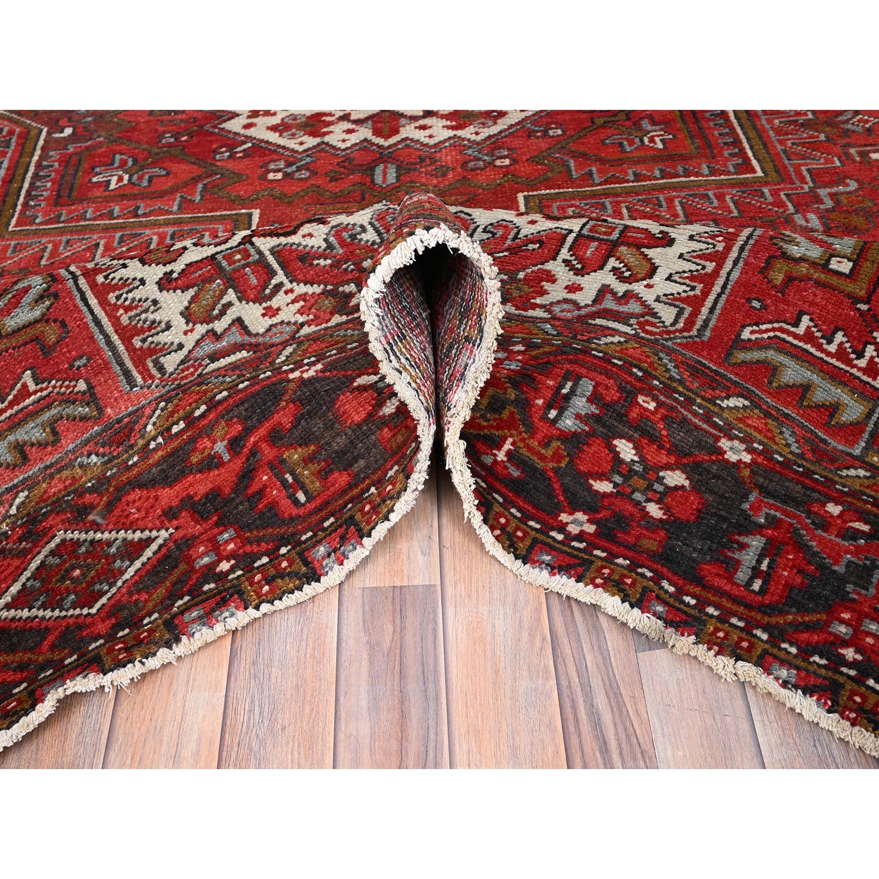 7'5"x10'2" Fire Brick Red, Vintage Persian Heriz with Village Motif, Good Condition, Distressed Look, Pure Wool, Hand Knotted, Oriental Rug Sh85570