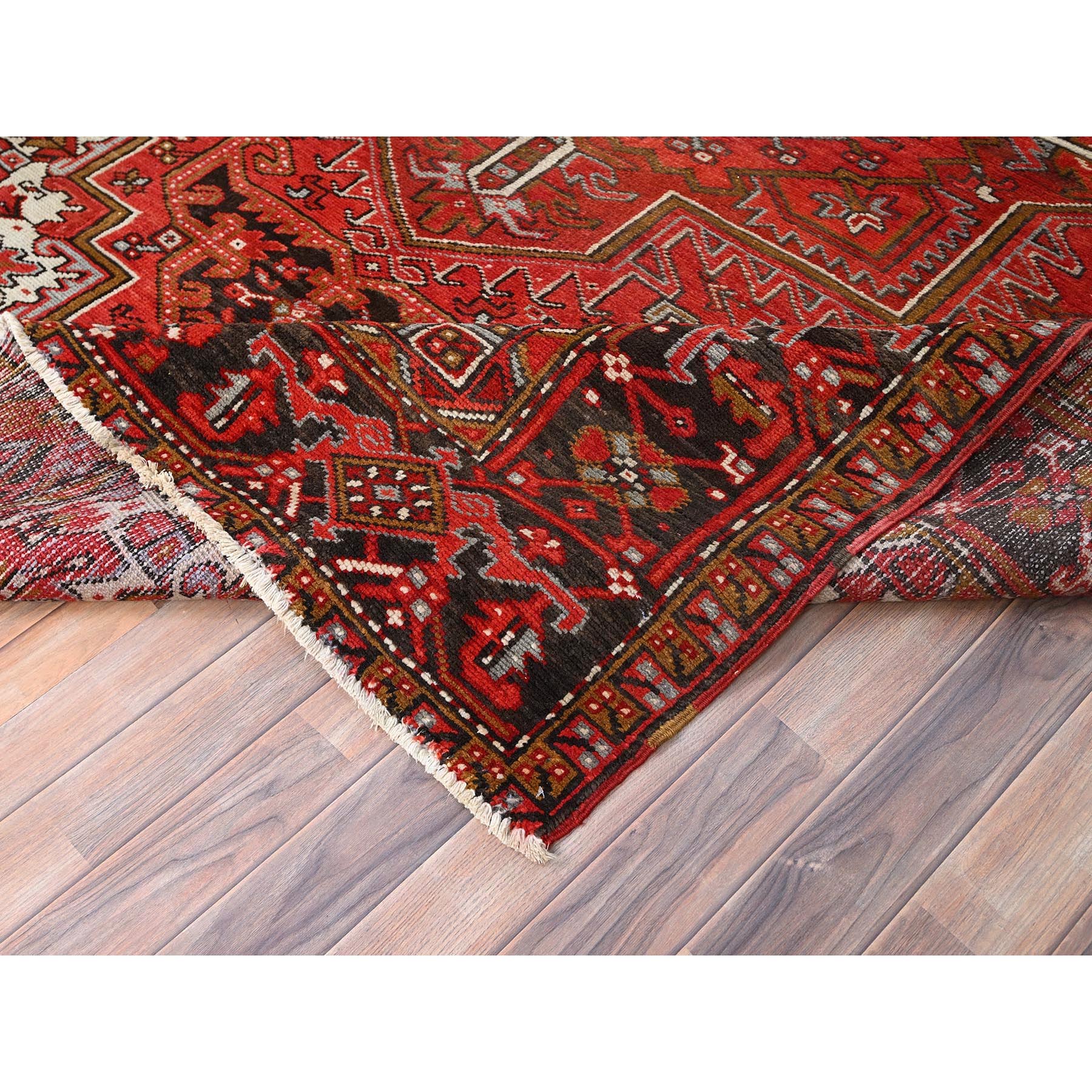 7'5"x10'2" Fire Brick Red, Vintage Persian Heriz with Village Motif, Good Condition, Distressed Look, Pure Wool, Hand Knotted, Oriental Rug Sh85570