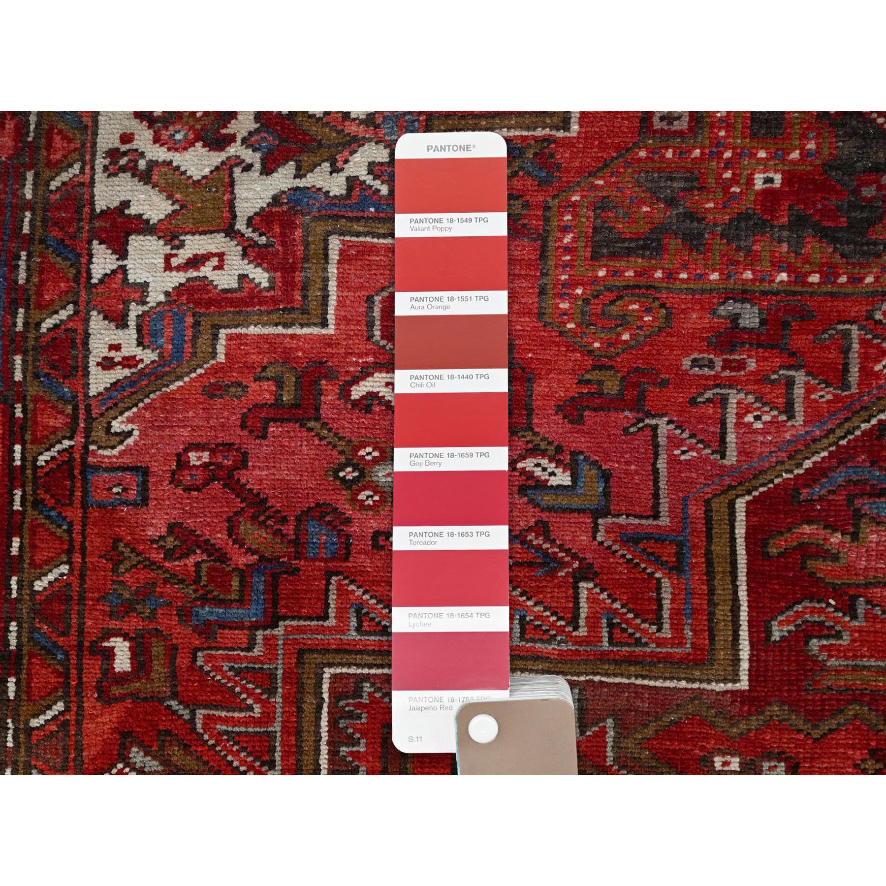 7'5"x10'2" Fire Brick Red, Vintage Persian Heriz with Village Motif, Good Condition, Distressed Look, Pure Wool, Hand Knotted, Oriental Rug Sh85570