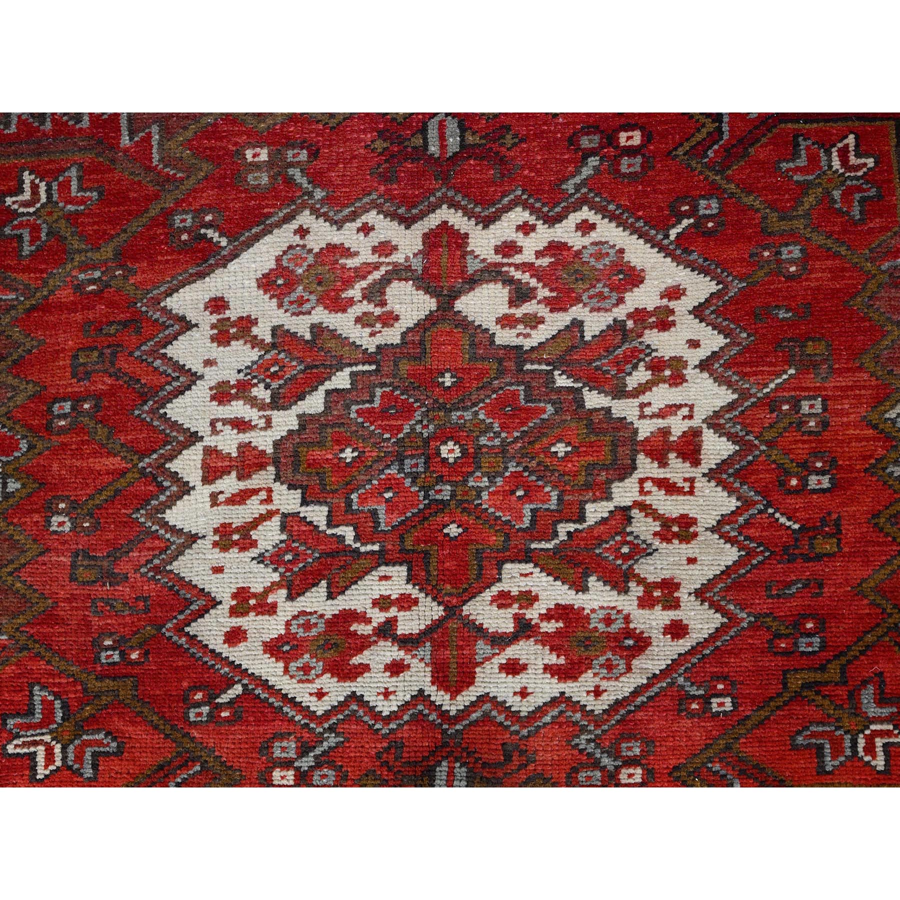 7'5"x10'2" Fire Brick Red, Vintage Persian Heriz with Village Motif, Good Condition, Distressed Look, Pure Wool, Hand Knotted, Oriental Rug Sh85570